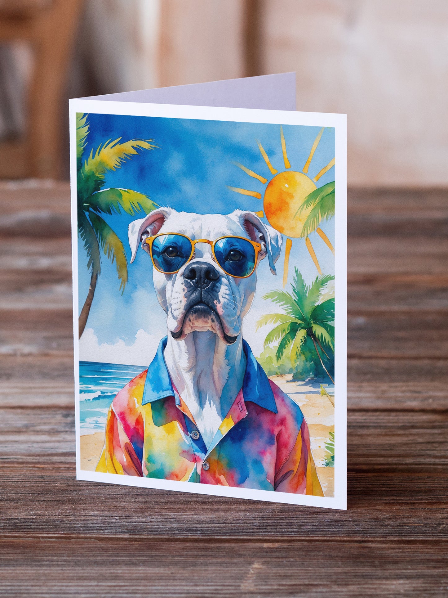 White Boxer Summer Beach Time Greeting Cards Pack of 8