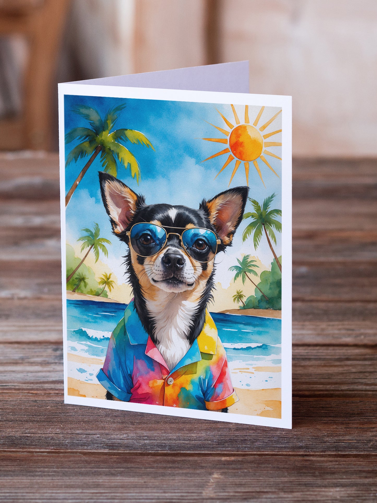 Black and Tan Chihuahua Summer Beach Time Greeting Cards Pack of 8