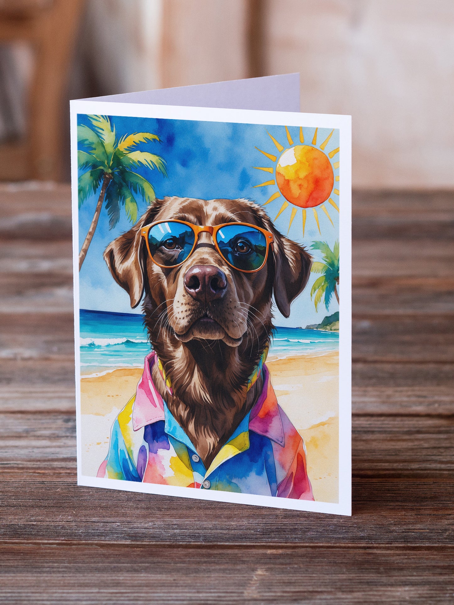 Chocolate Labrador Retriever Summer Beach Time Greeting Cards Pack of 8