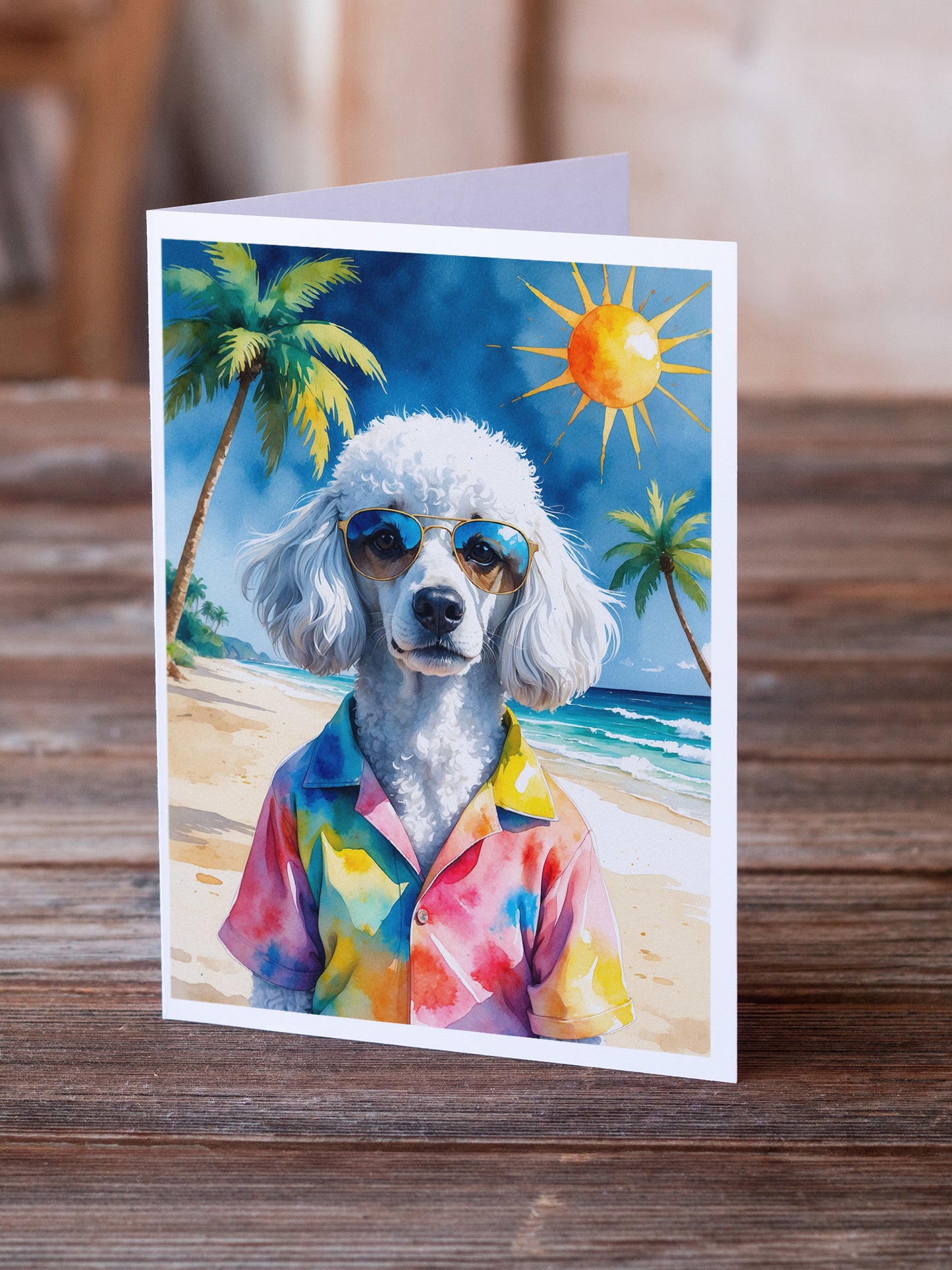 White Poodle Summer Beach Time Greeting Cards Pack of 8