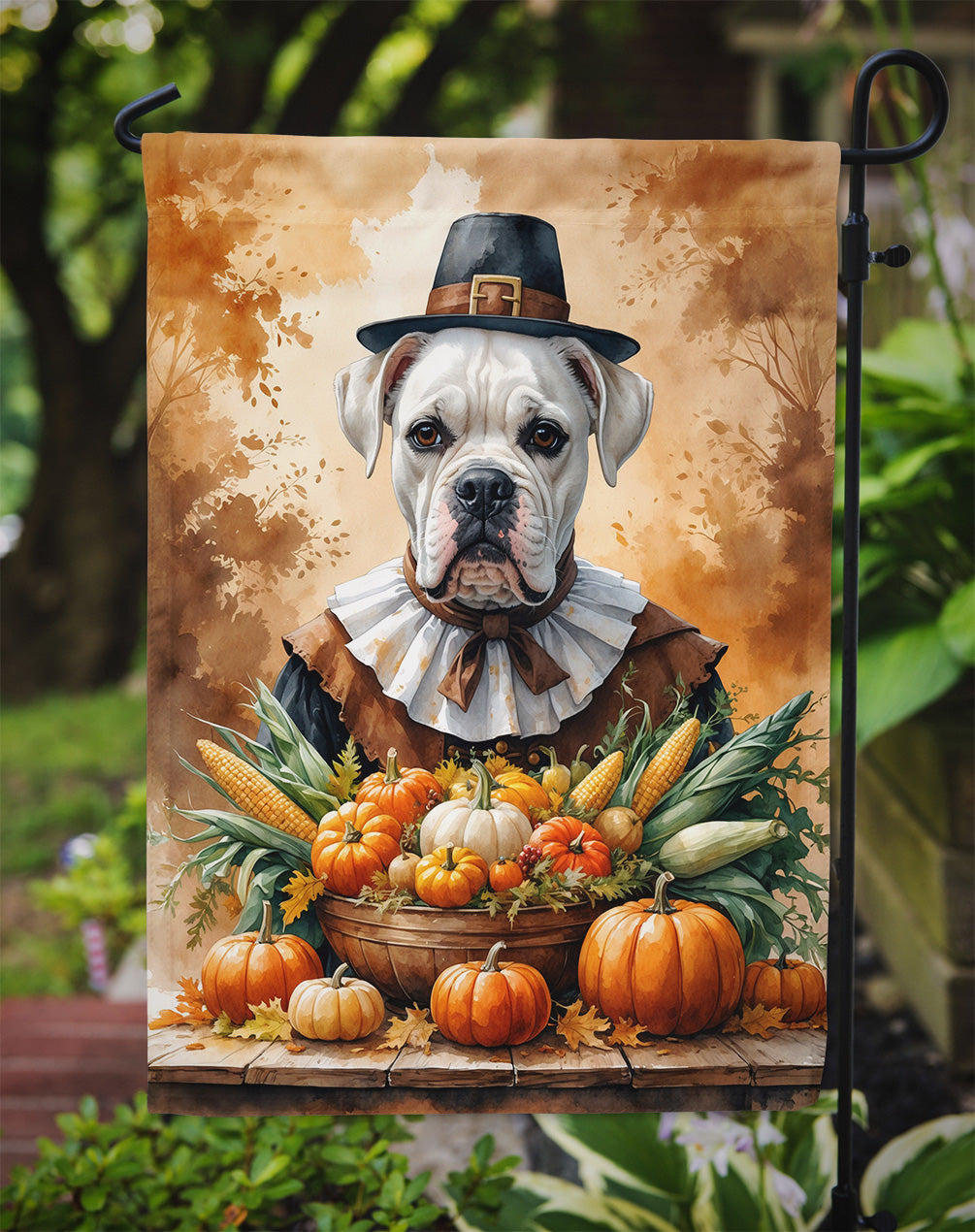 White Boxer Thanksgiving Garden Flag