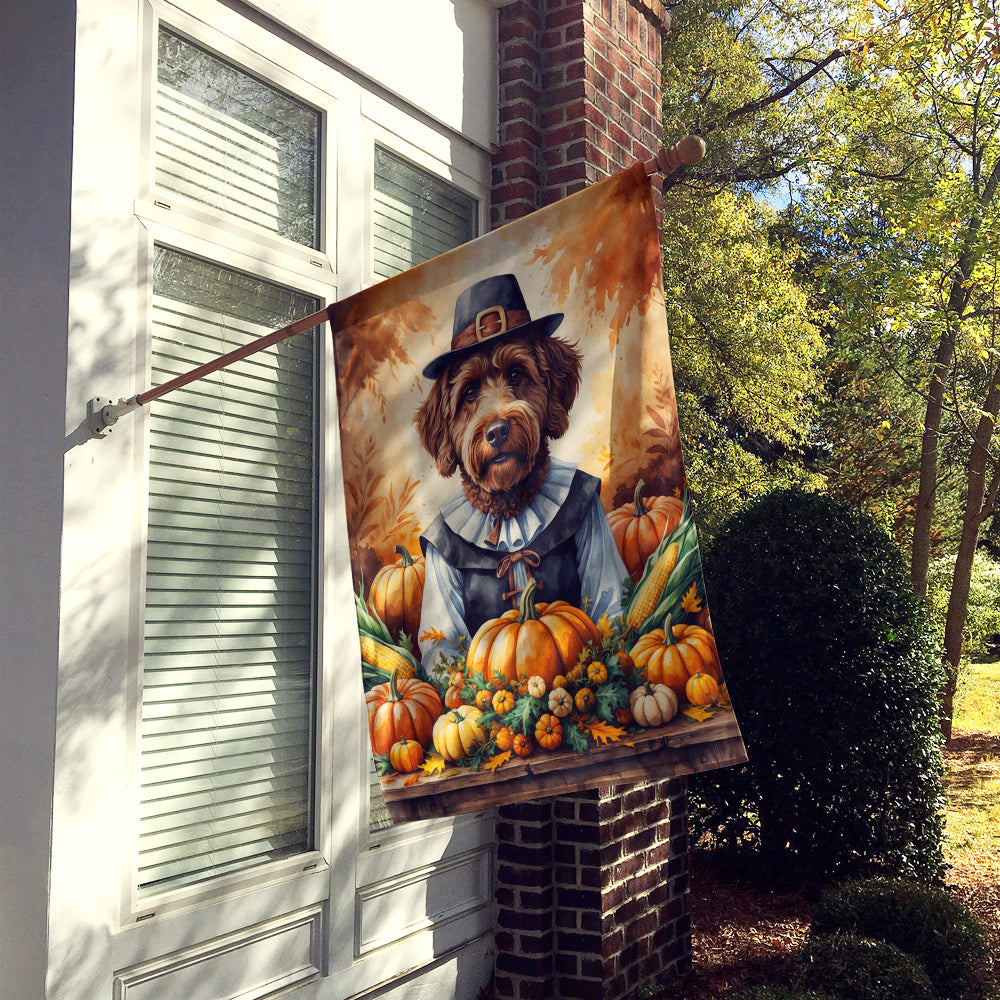Chocolate Labradoodle Thanksgiving House Flag