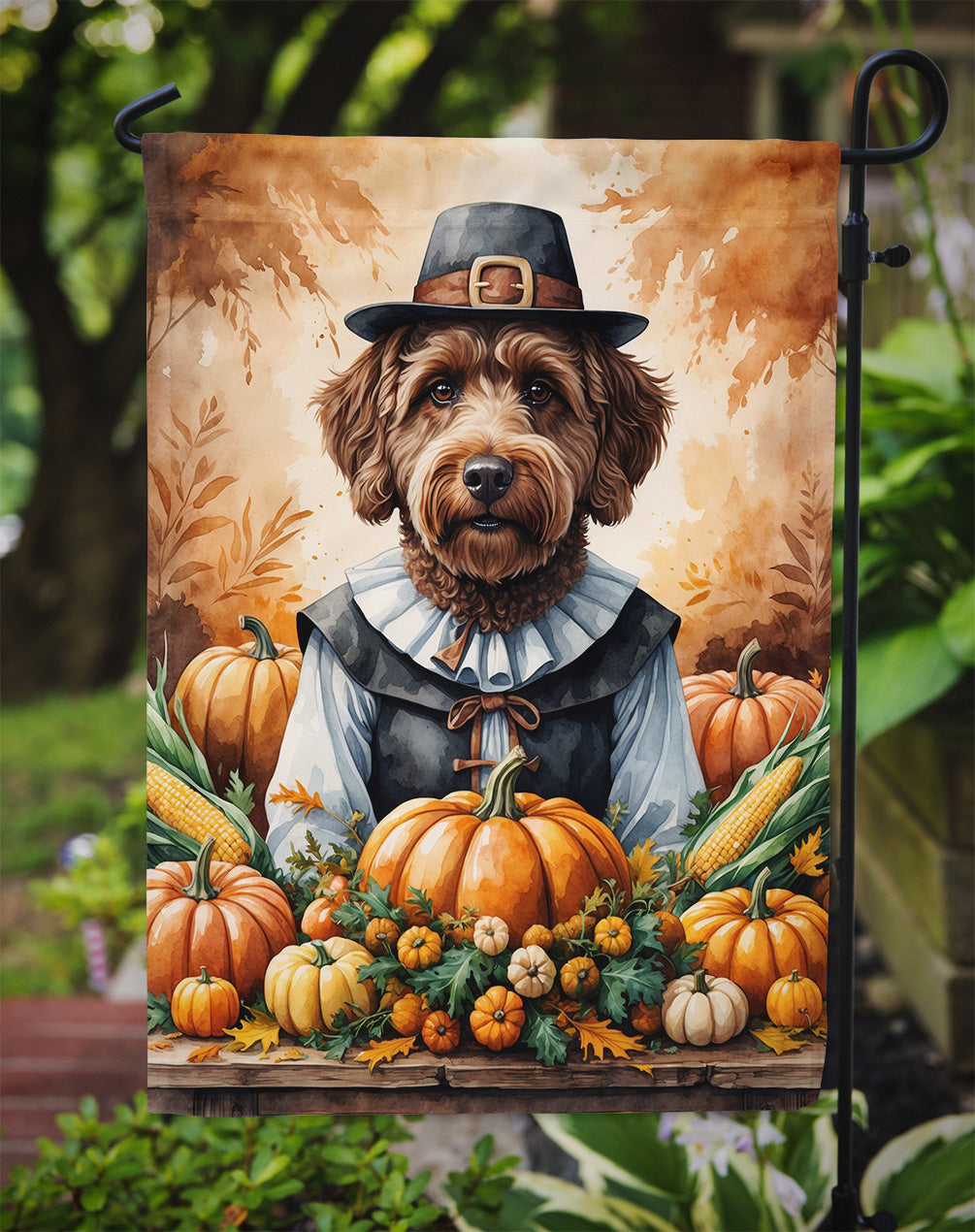 Chocolate Labradoodle Thanksgiving Garden Flag