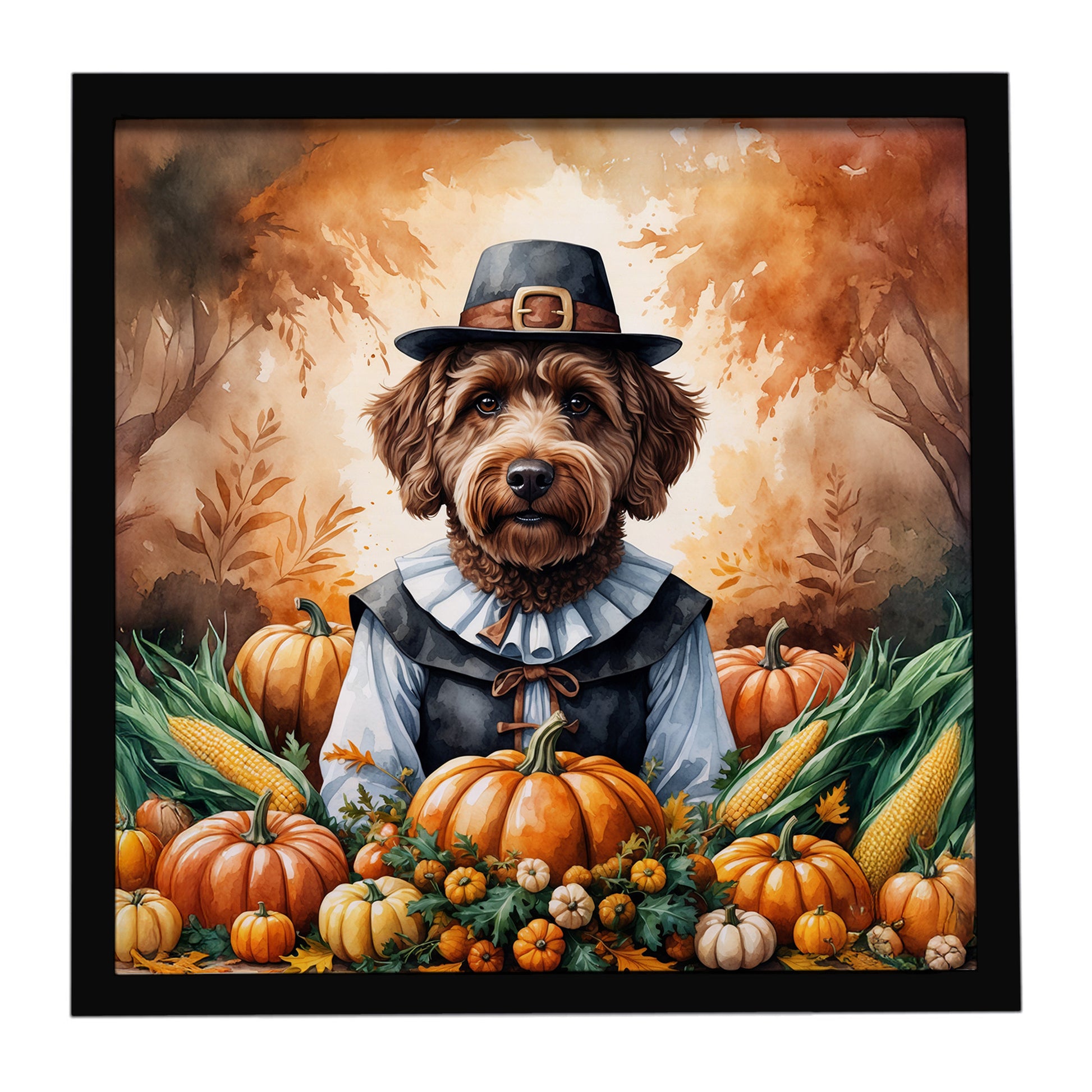 Buy this Chocolate Labradoodle Thanksgiving Framed Metal Print