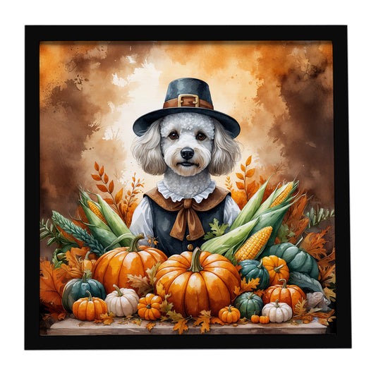 Buy this White Poodle Thanksgiving Framed Metal Print