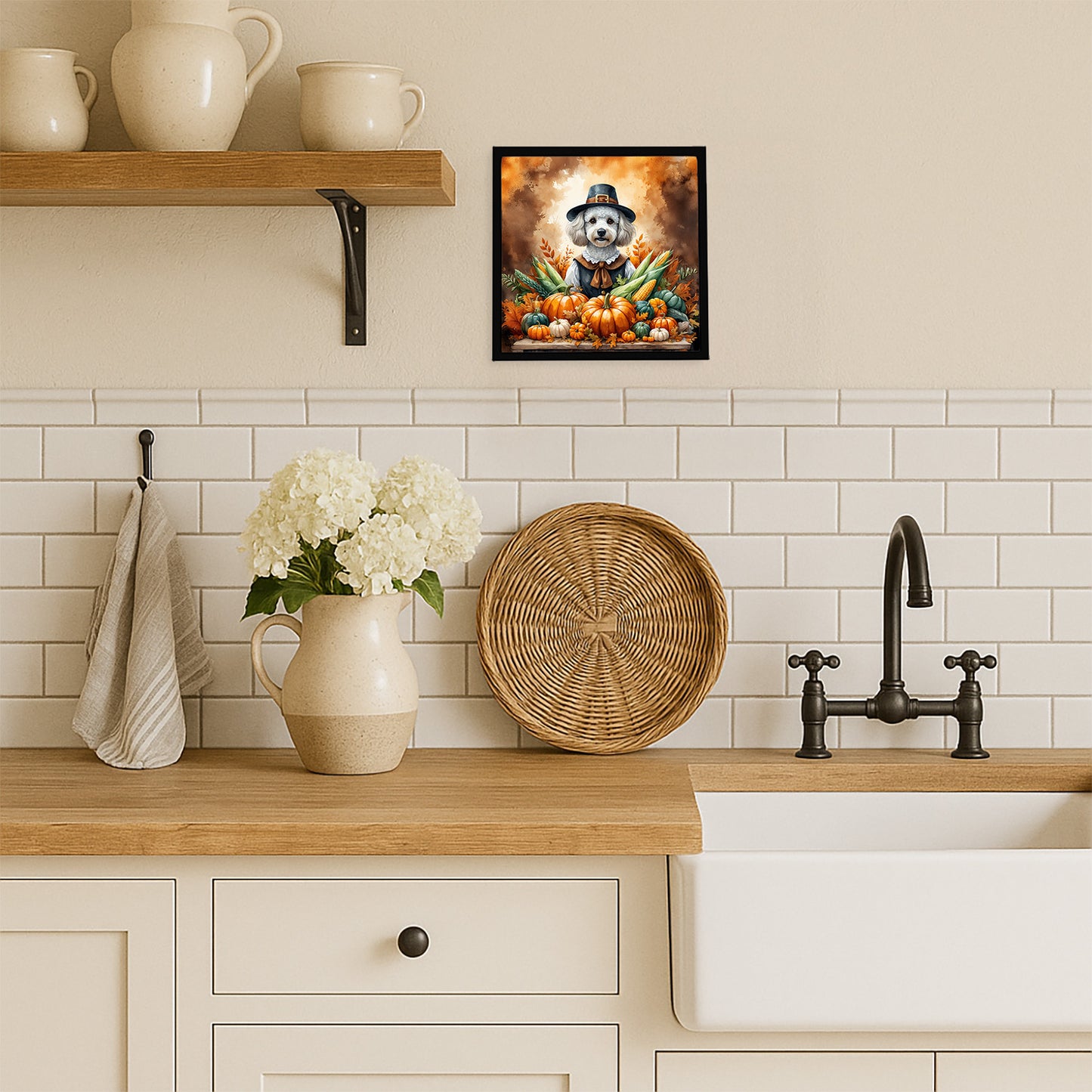 White Poodle Thanksgiving Framed Metal Print