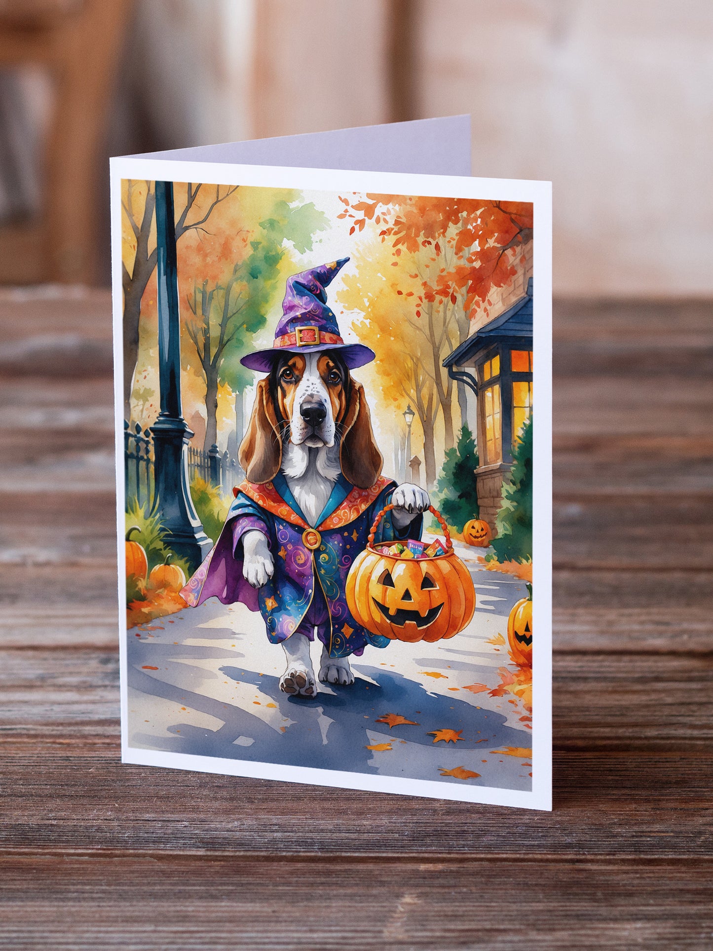 Basset Hound Halloween Trick or Treat Greeting Cards Pack of 8