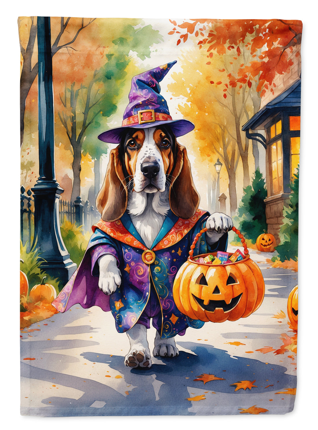 Buy this Basset Hound Halloween Trick or Treat Garden Flag