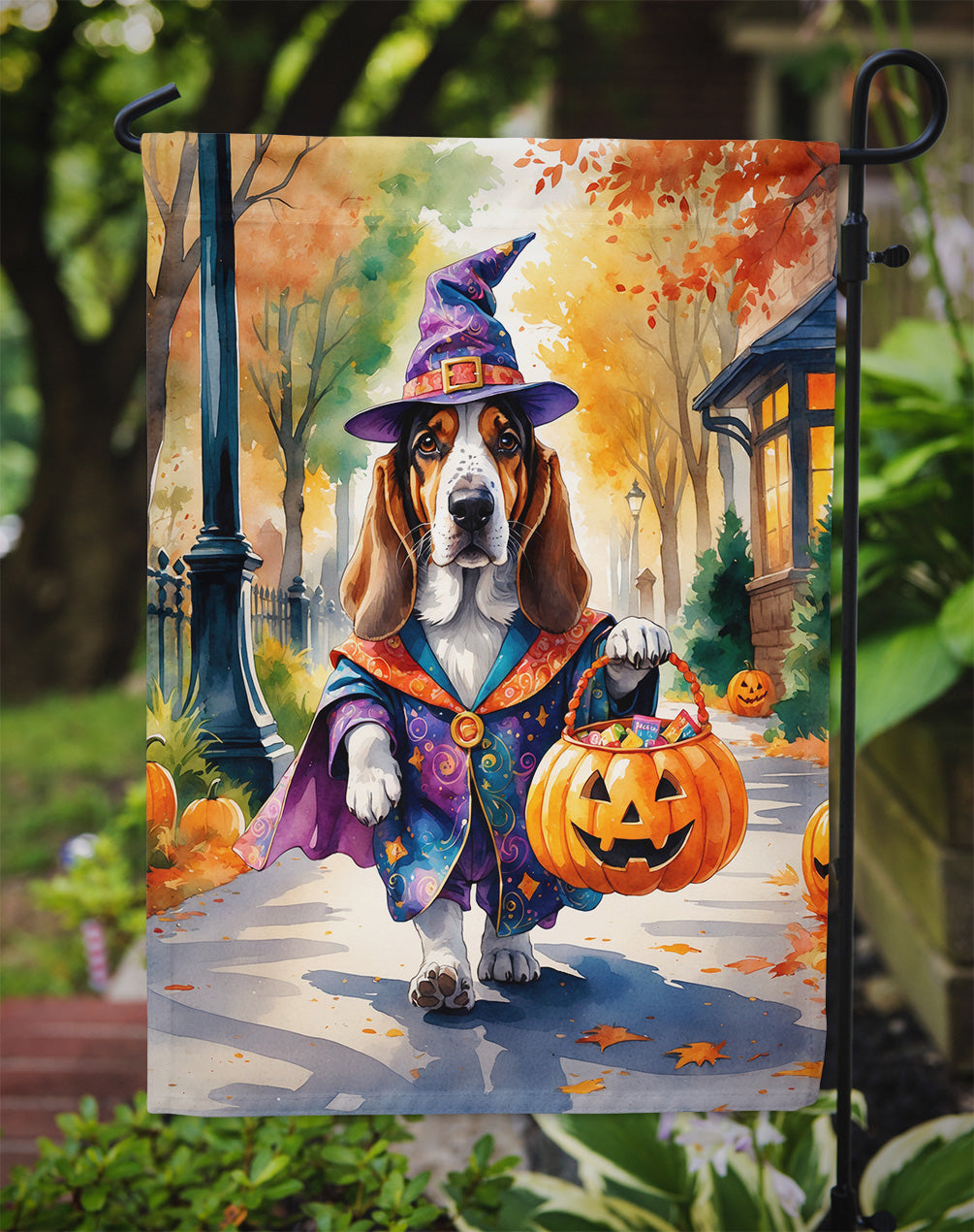Basset Hound Halloween Trick or Treat Garden Flag