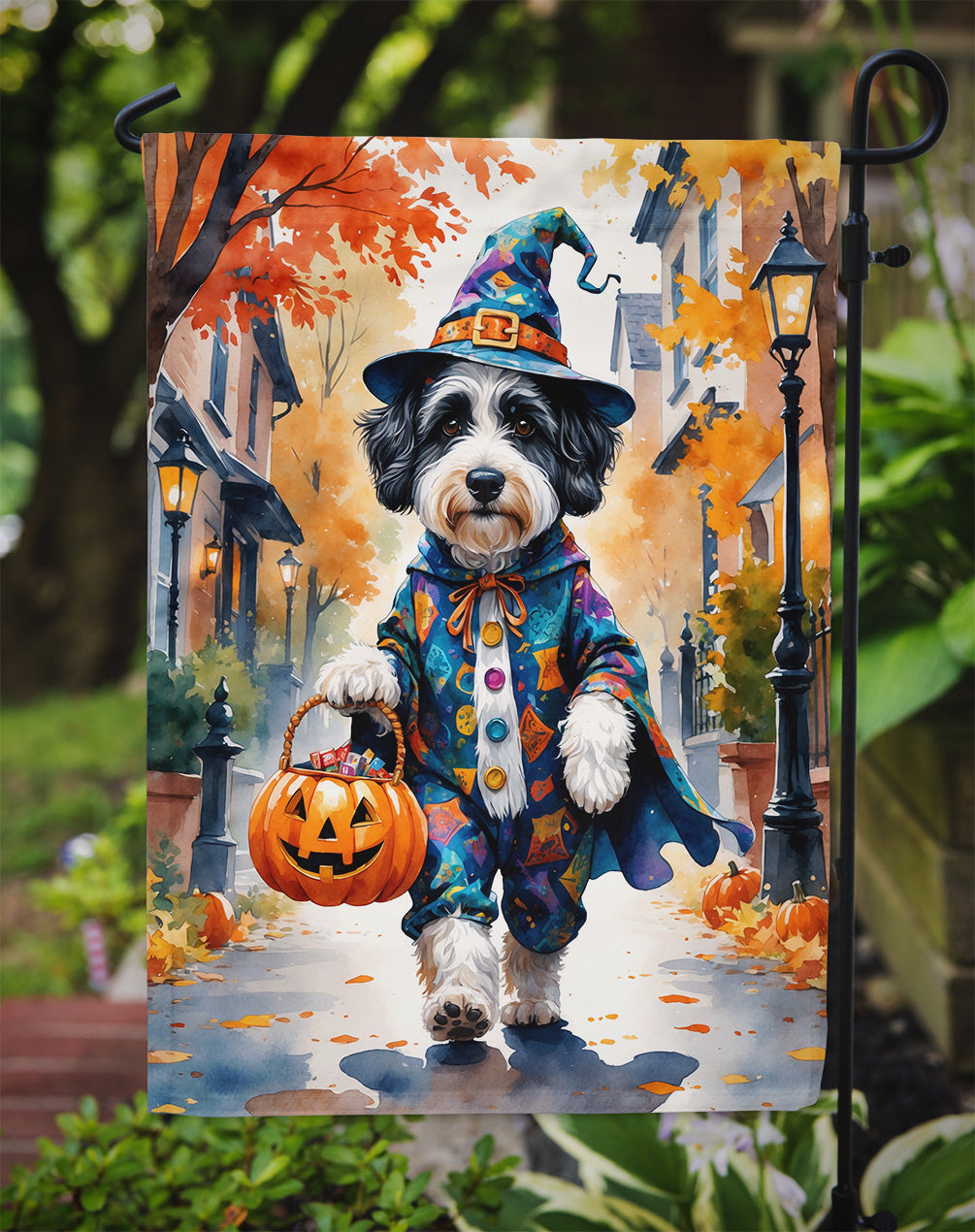 Bernedoodle Halloween Trick or Treat Garden Flag