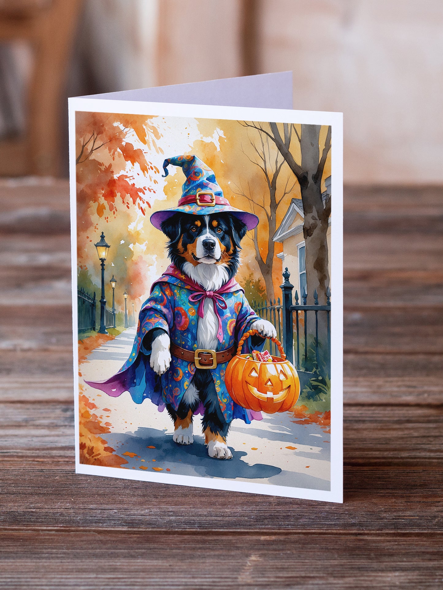 Bernese Mountain Dog Halloween Trick or Treat Greeting Cards Pack of 8