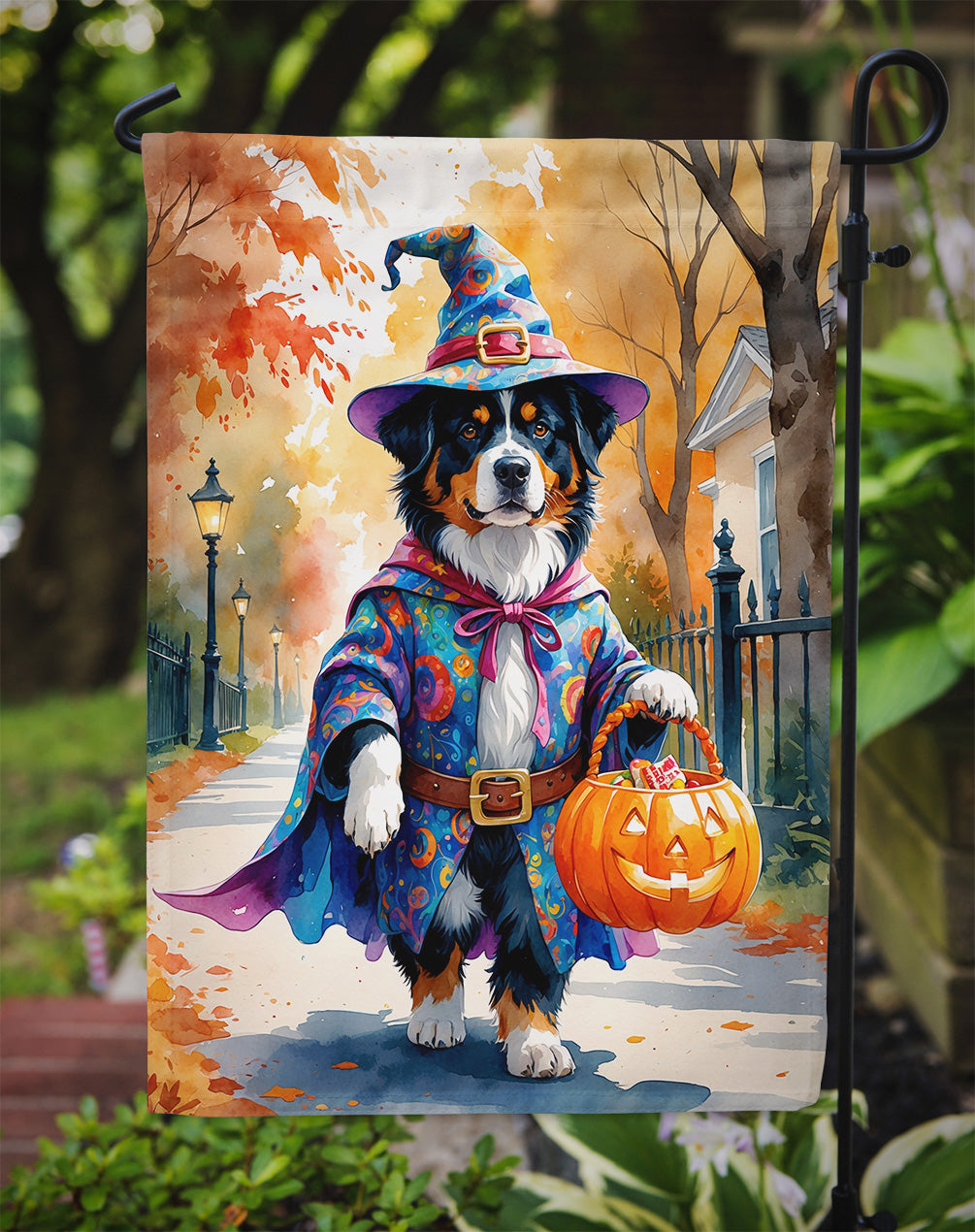 Bernese Mountain Dog Halloween Trick or Treat Garden Flag