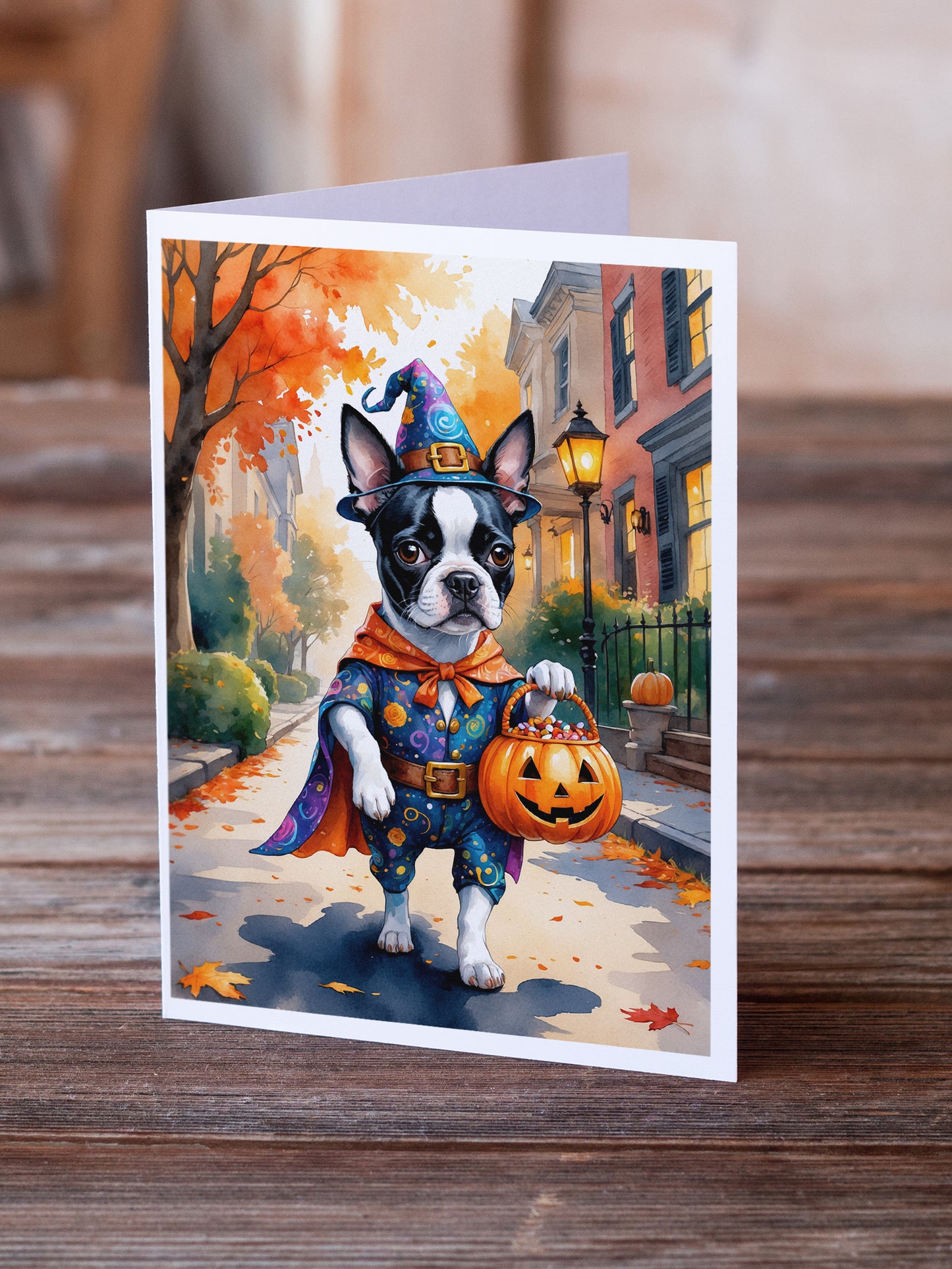 Boston Terrier Halloween Trick or Treat Greeting Cards Pack of 8