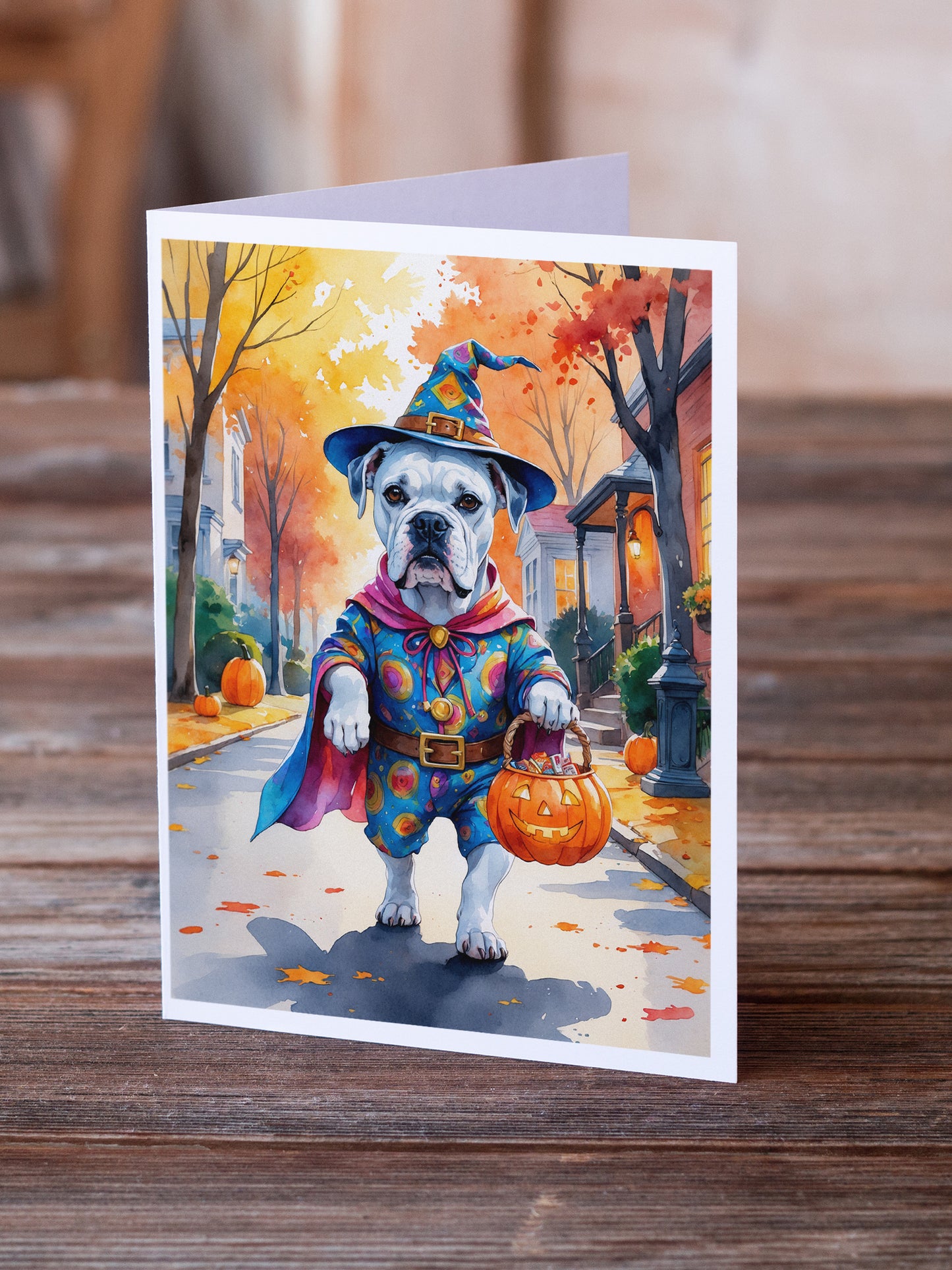 White Boxer Halloween Trick or Treat Greeting Cards Pack of 8