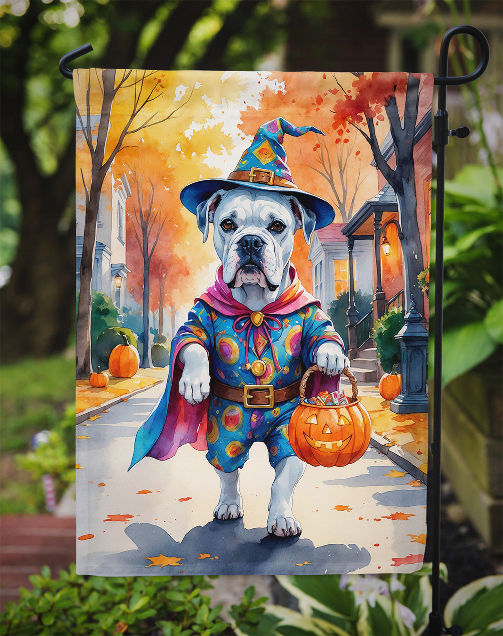 White Boxer Halloween Trick or Treat Garden Flag