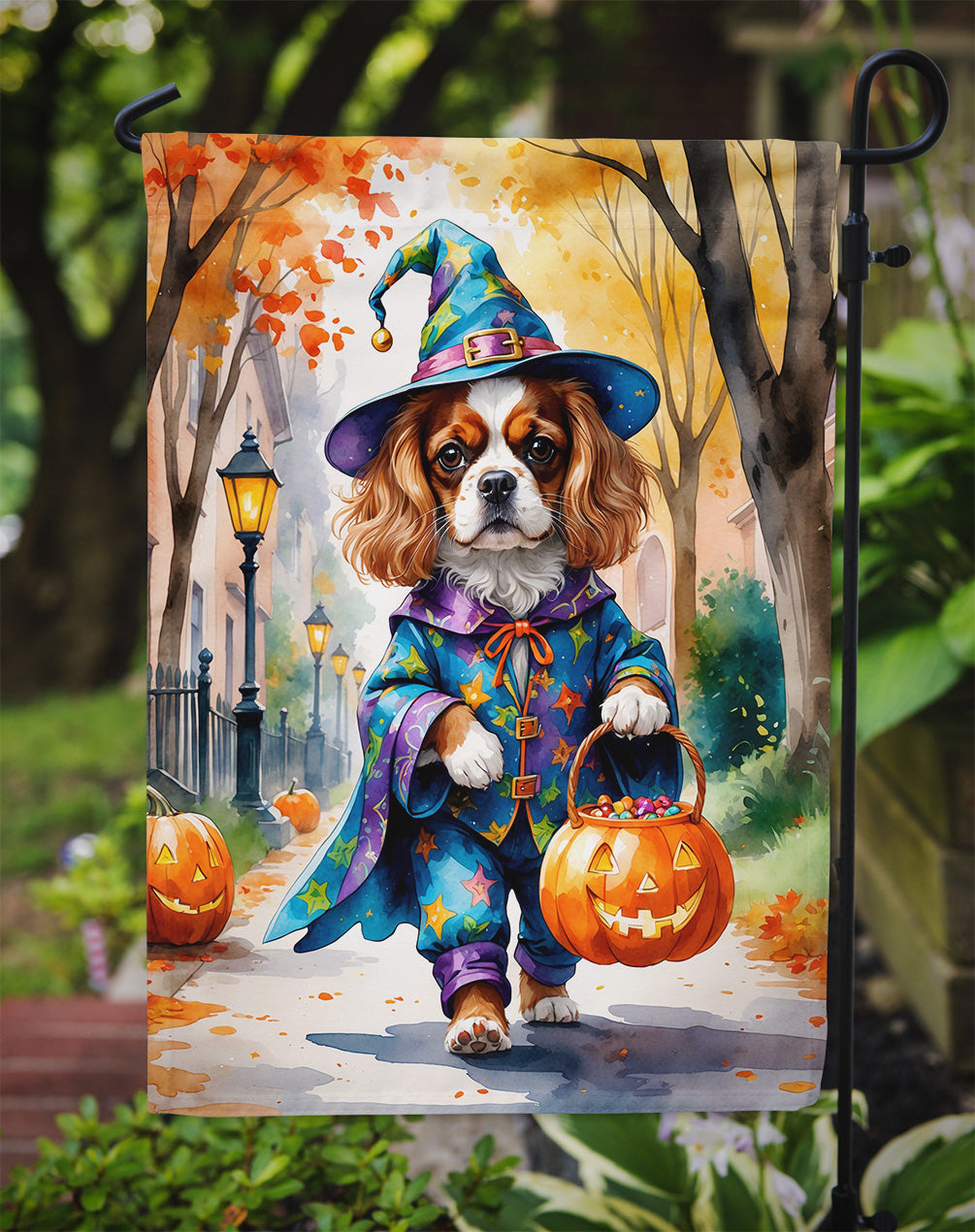 Cavalier Spaniel Halloween Trick or Treat Garden Flag