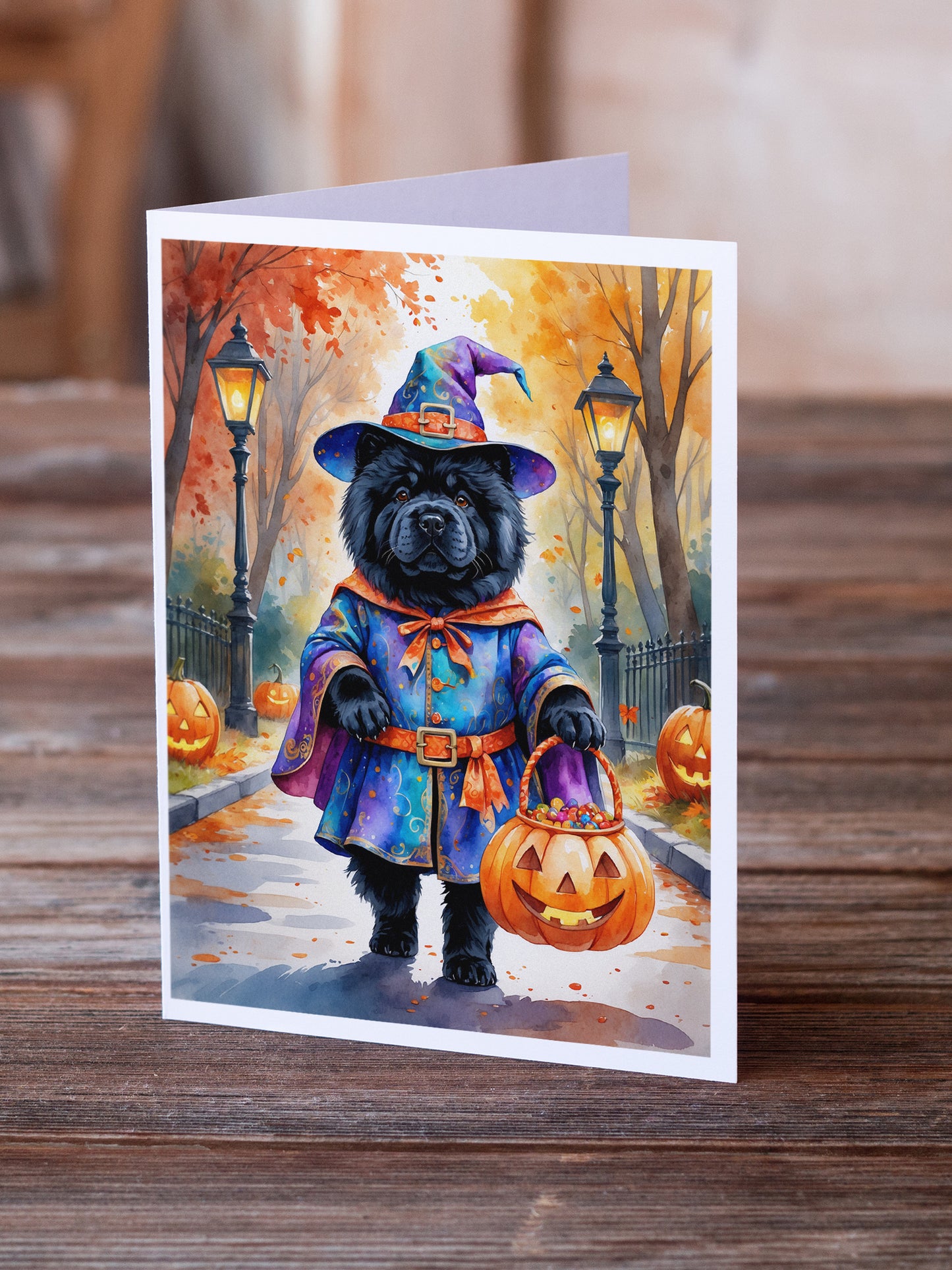 Black Chow Chow Halloween Trick or Treat Greeting Cards Pack of 8