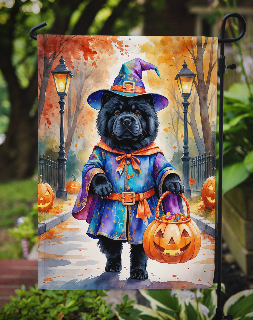 Black Chow Chow Halloween Trick or Treat Garden Flag