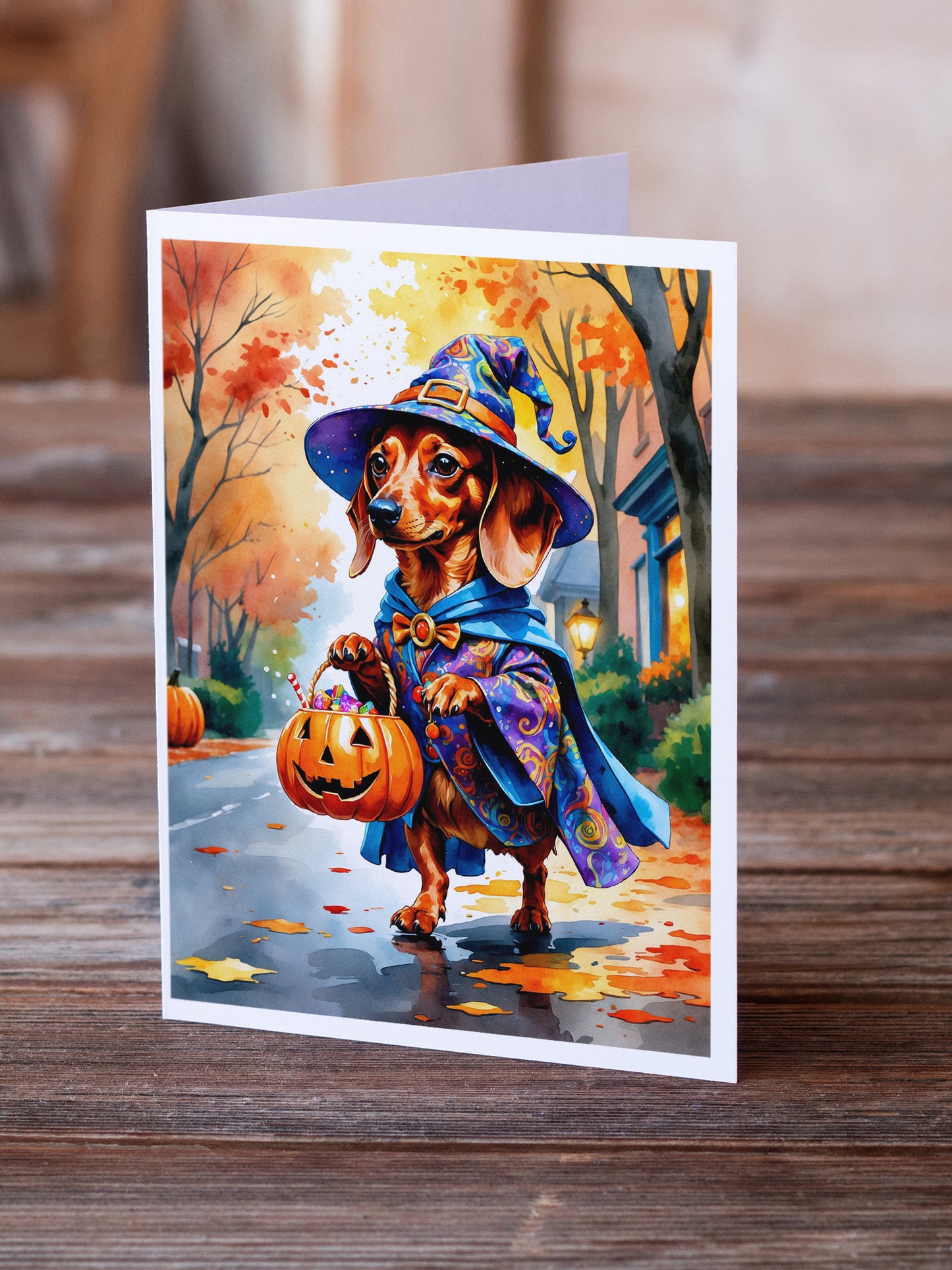 Red Dachshund Halloween Trick or Treat Greeting Cards Pack of 8