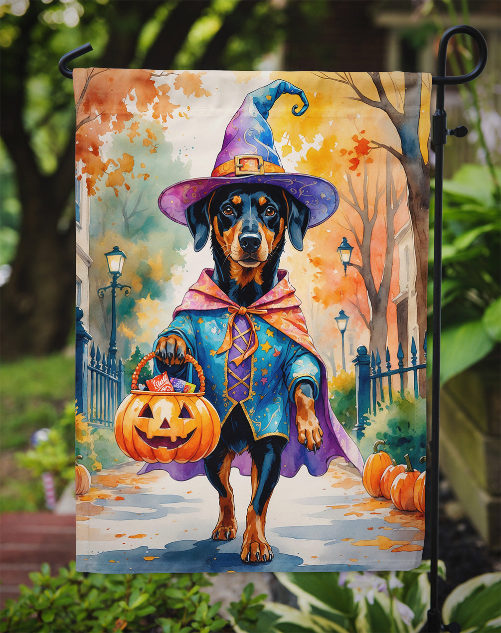 Doberman Pinscher Halloween Trick or Treat Garden Flag