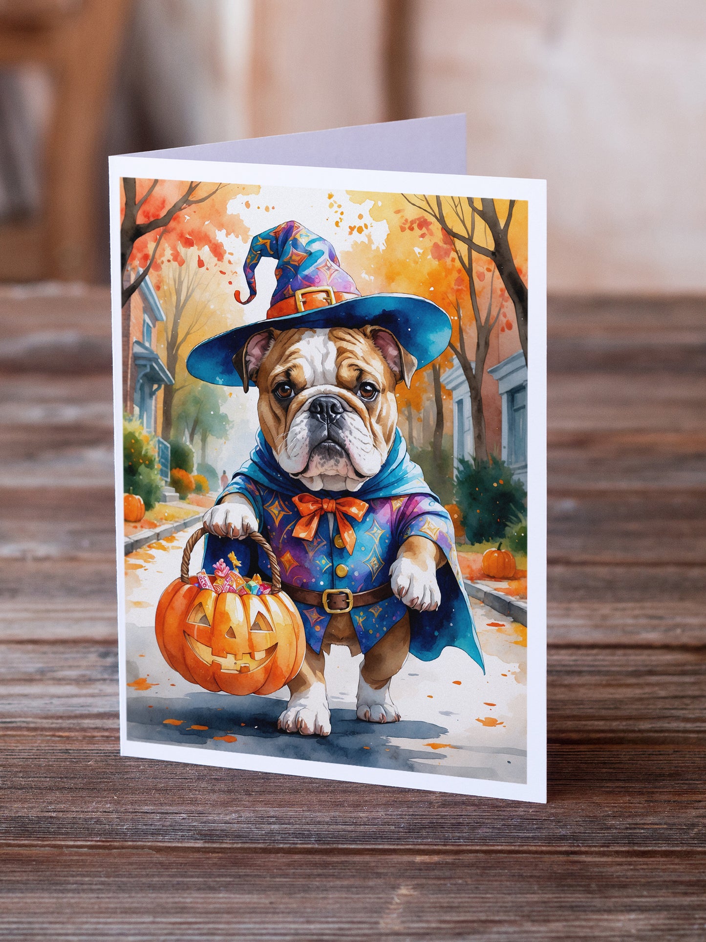 English Bulldog Halloween Trick or Treat Greeting Cards Pack of 8