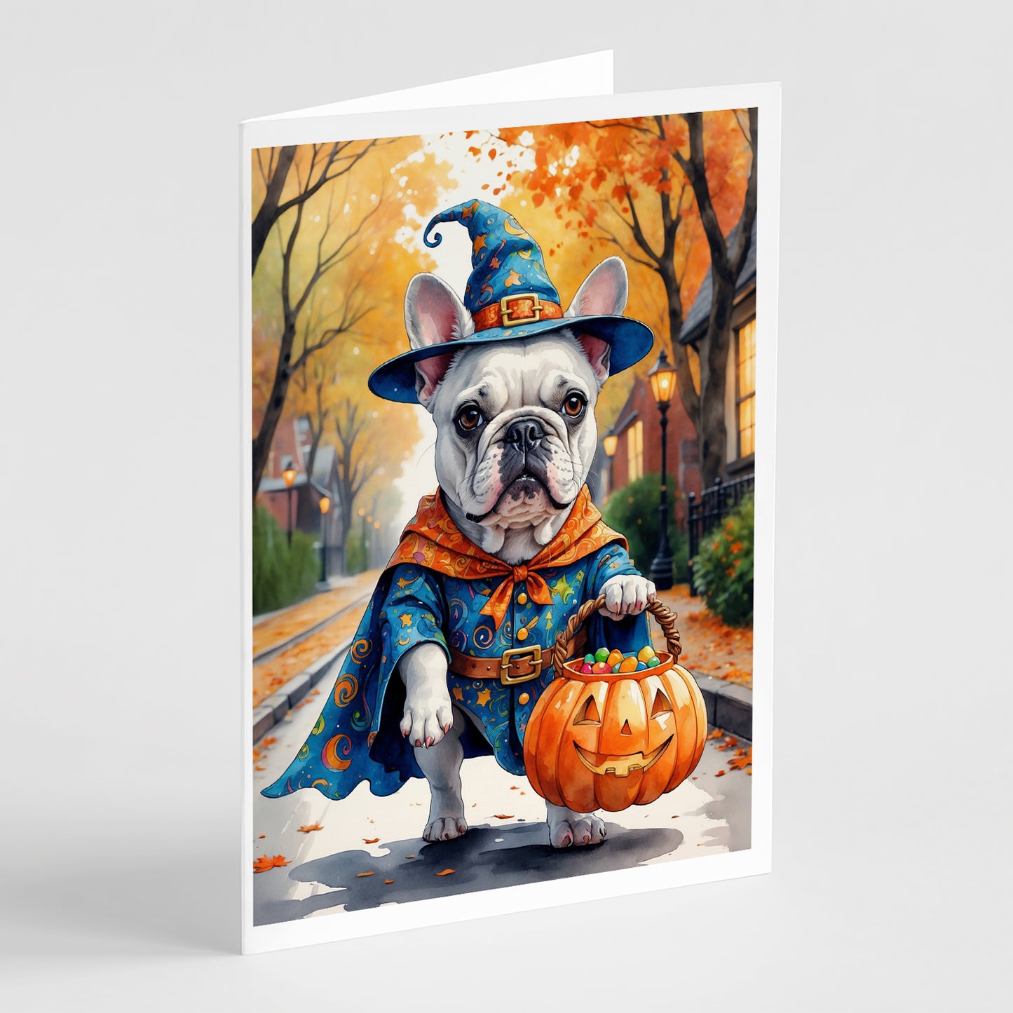 Buy this White French Bulldog Halloween Trick or Treat Greeting Cards Pack of 8