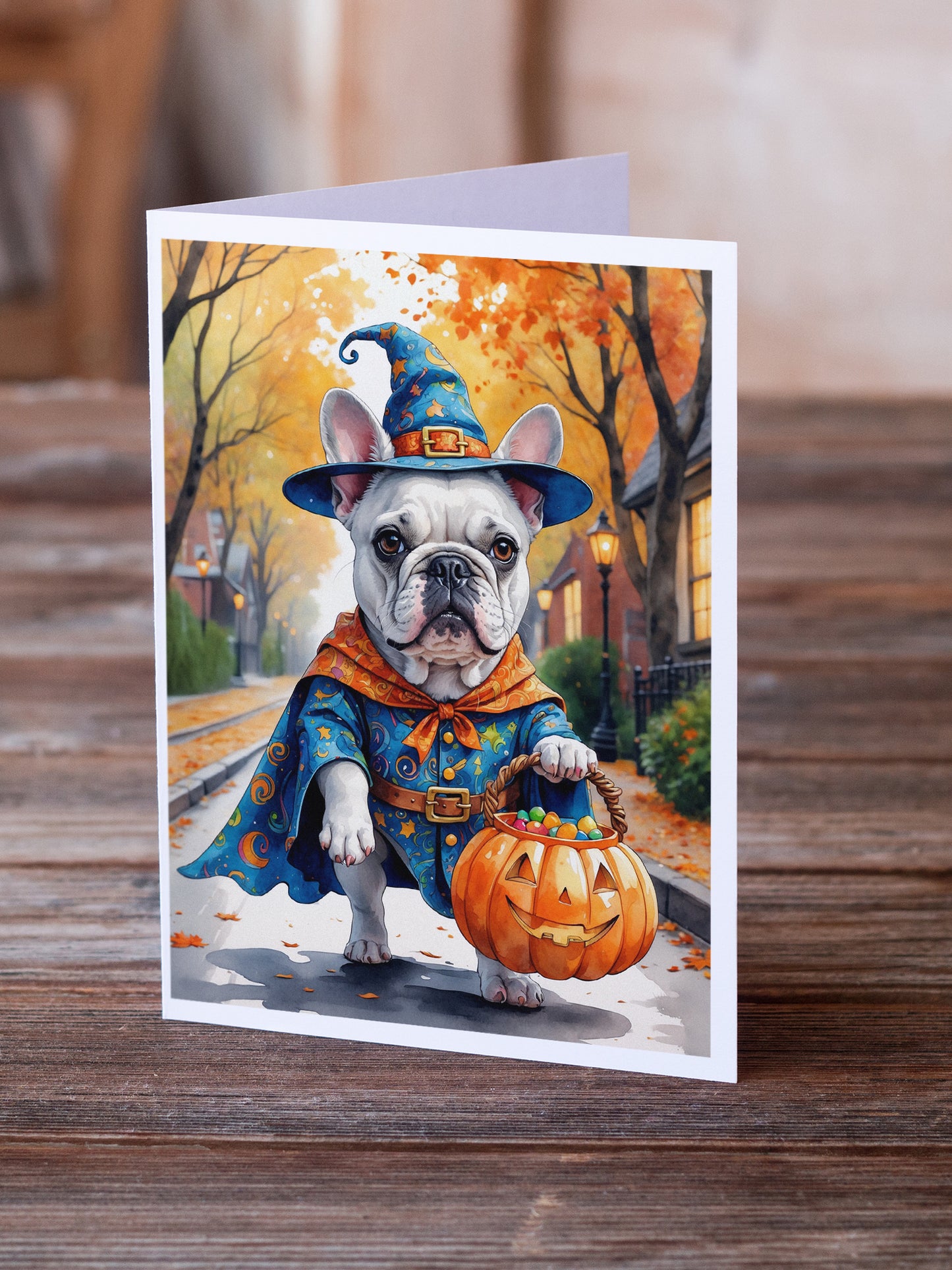 White French Bulldog Halloween Trick or Treat Greeting Cards Pack of 8