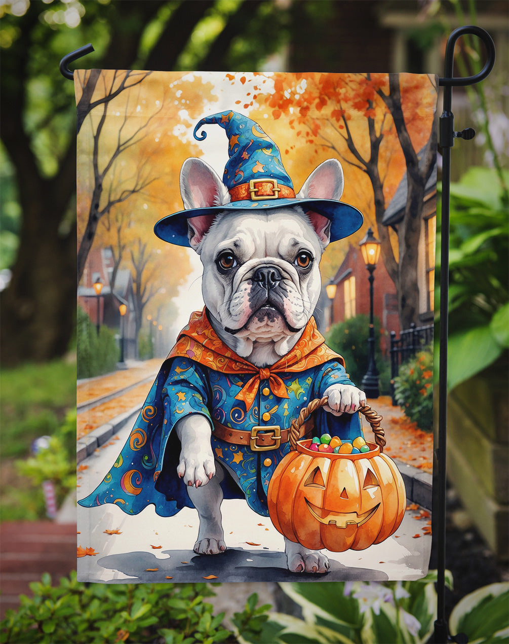 White French Bulldog Halloween Trick or Treat Garden Flag