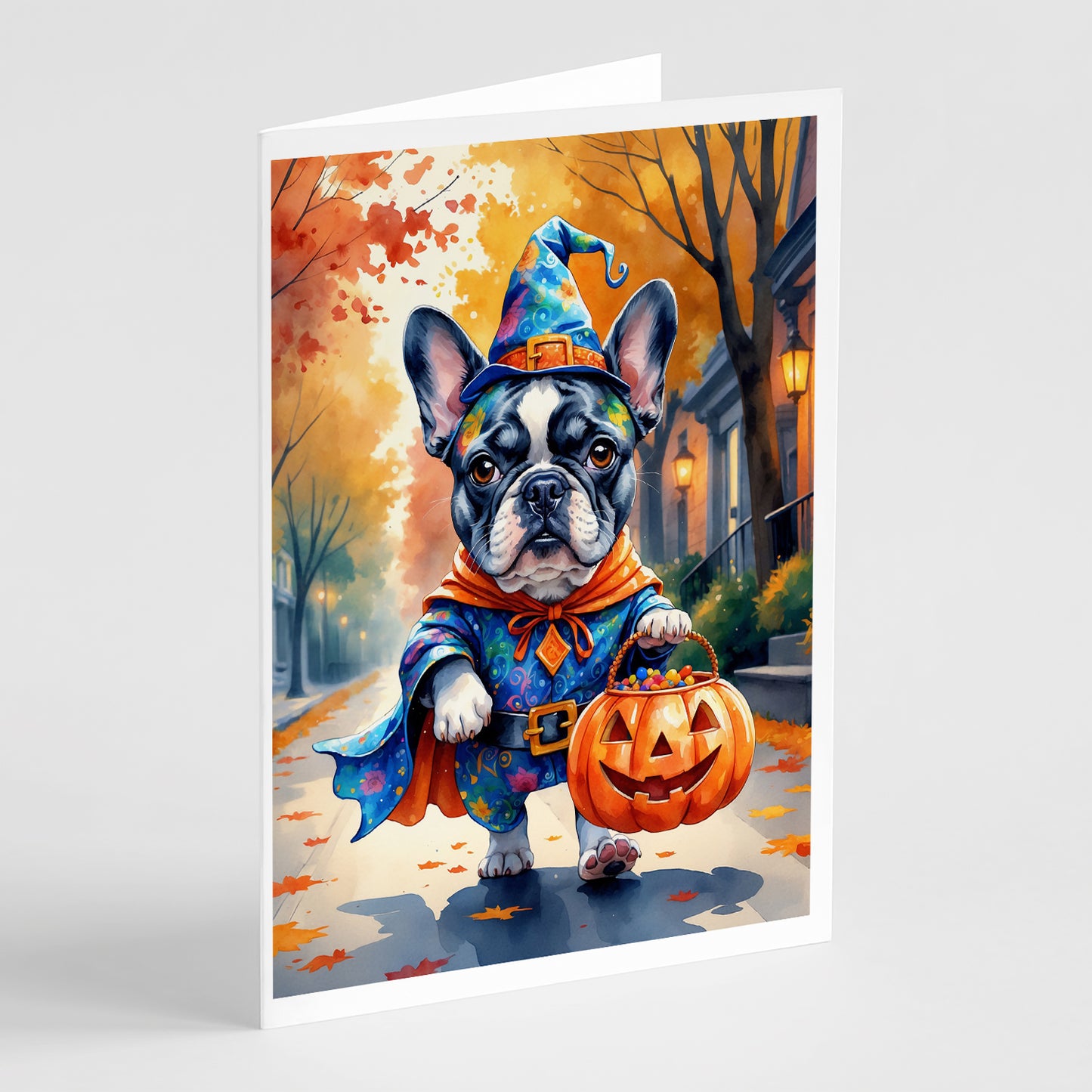Buy this Black White French Bulldog Halloween Trick or Treat Greeting Cards Pack of 8