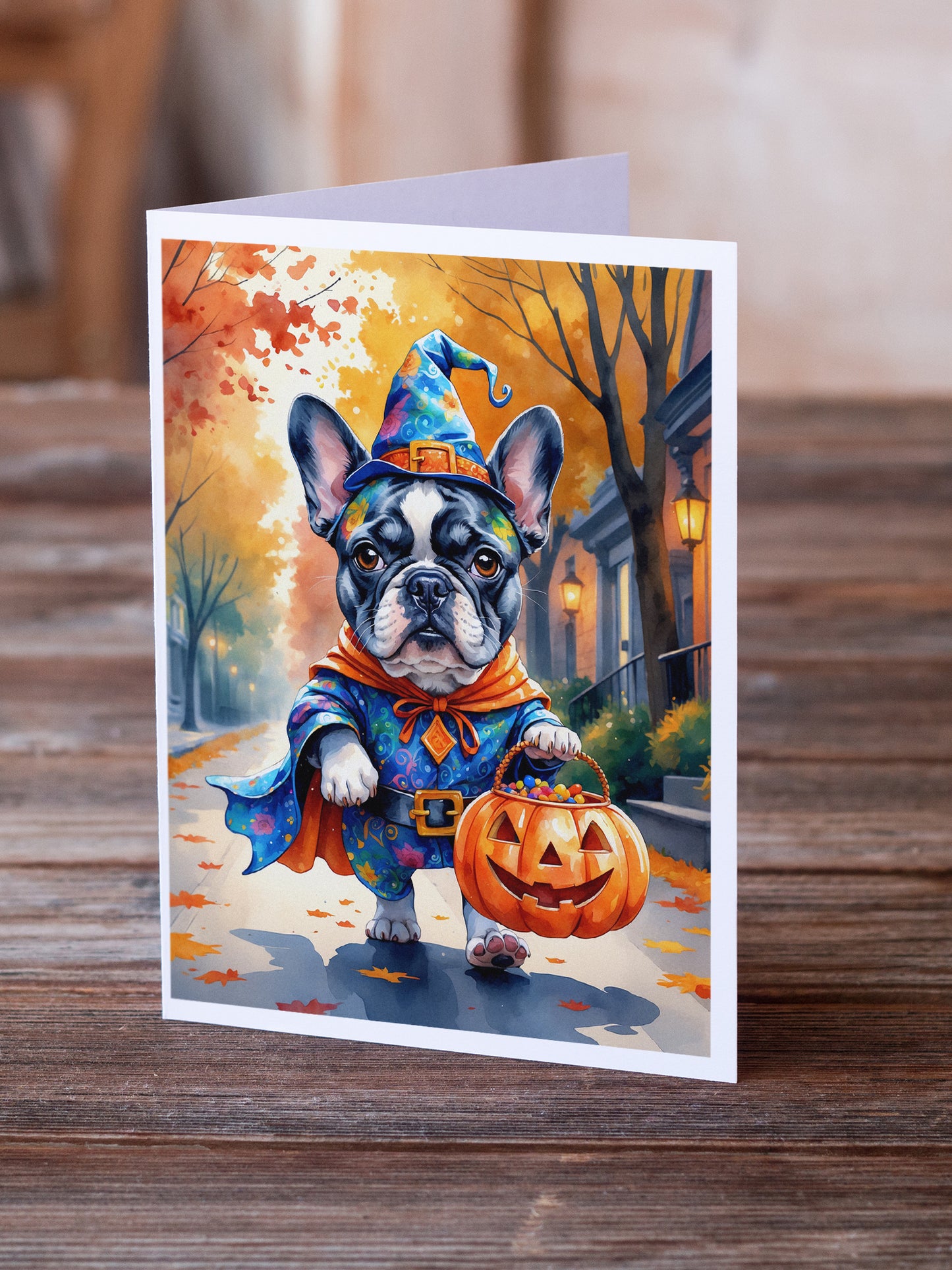 Black White French Bulldog Halloween Trick or Treat Greeting Cards Pack of 8