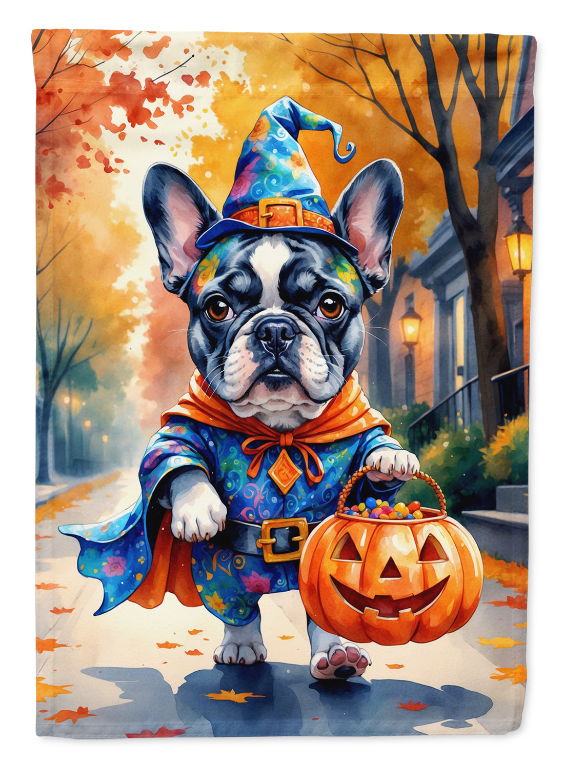 Buy this Black White French Bulldog Halloween Trick or Treat Garden Flag