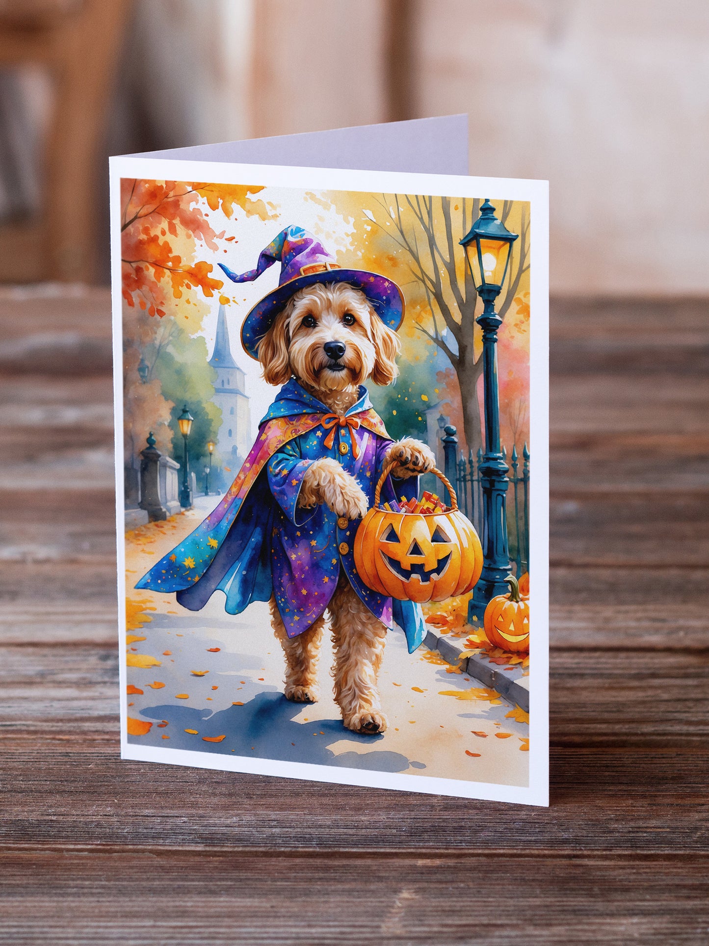 Goldendoodle Halloween Trick or Treat Greeting Cards Pack of 8
