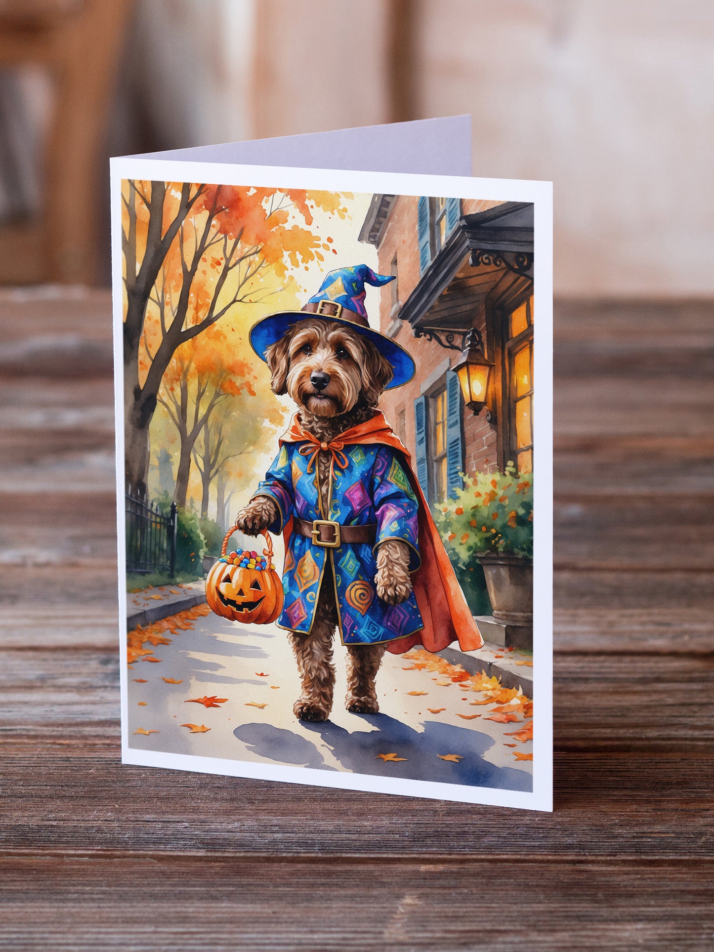 Chocolate Labradoodle Halloween Trick or Treat Greeting Cards Pack of 8