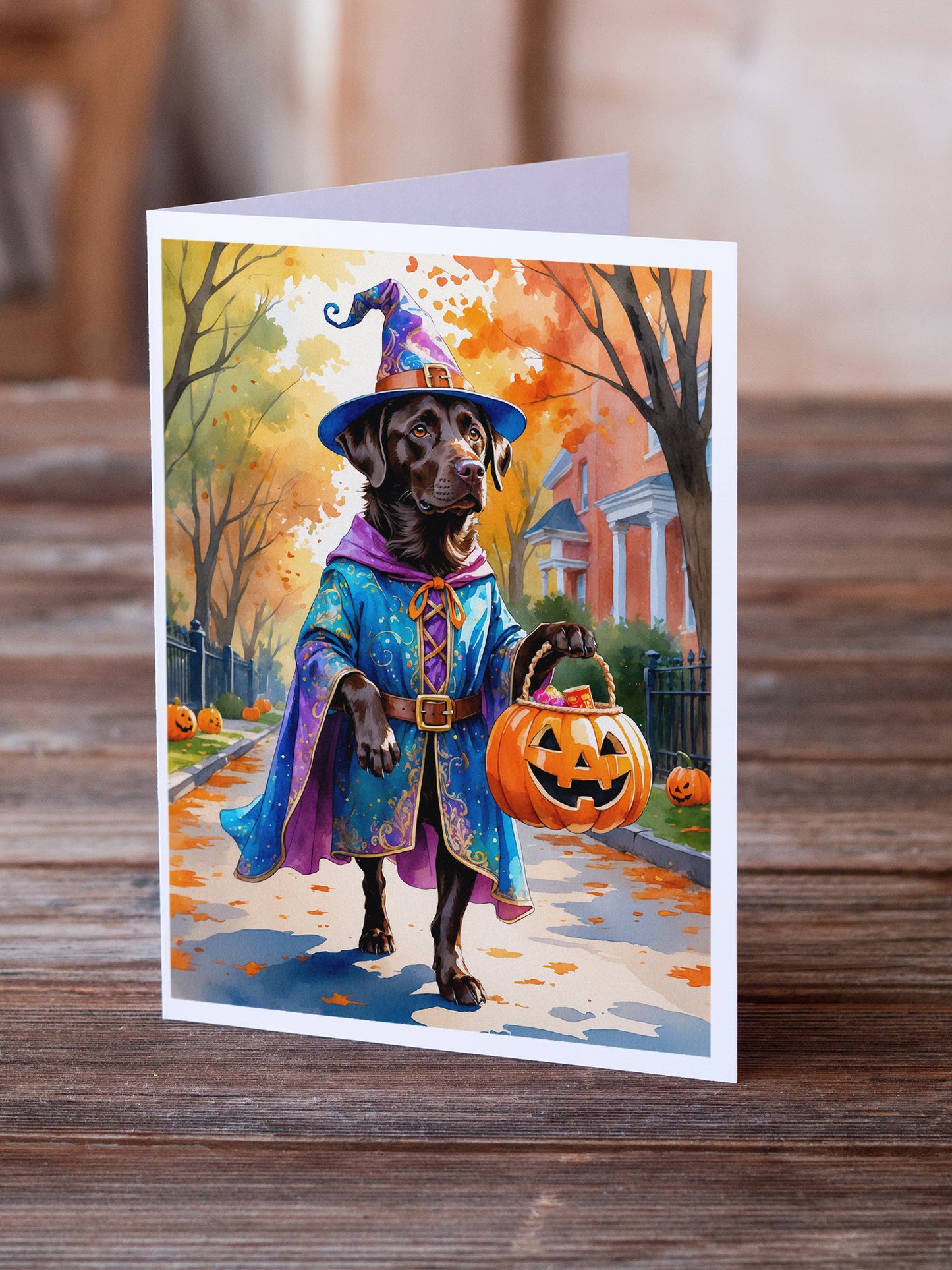 Chocolate Labrador Retriever Halloween Trick or Treat Greeting Cards Pack of 8