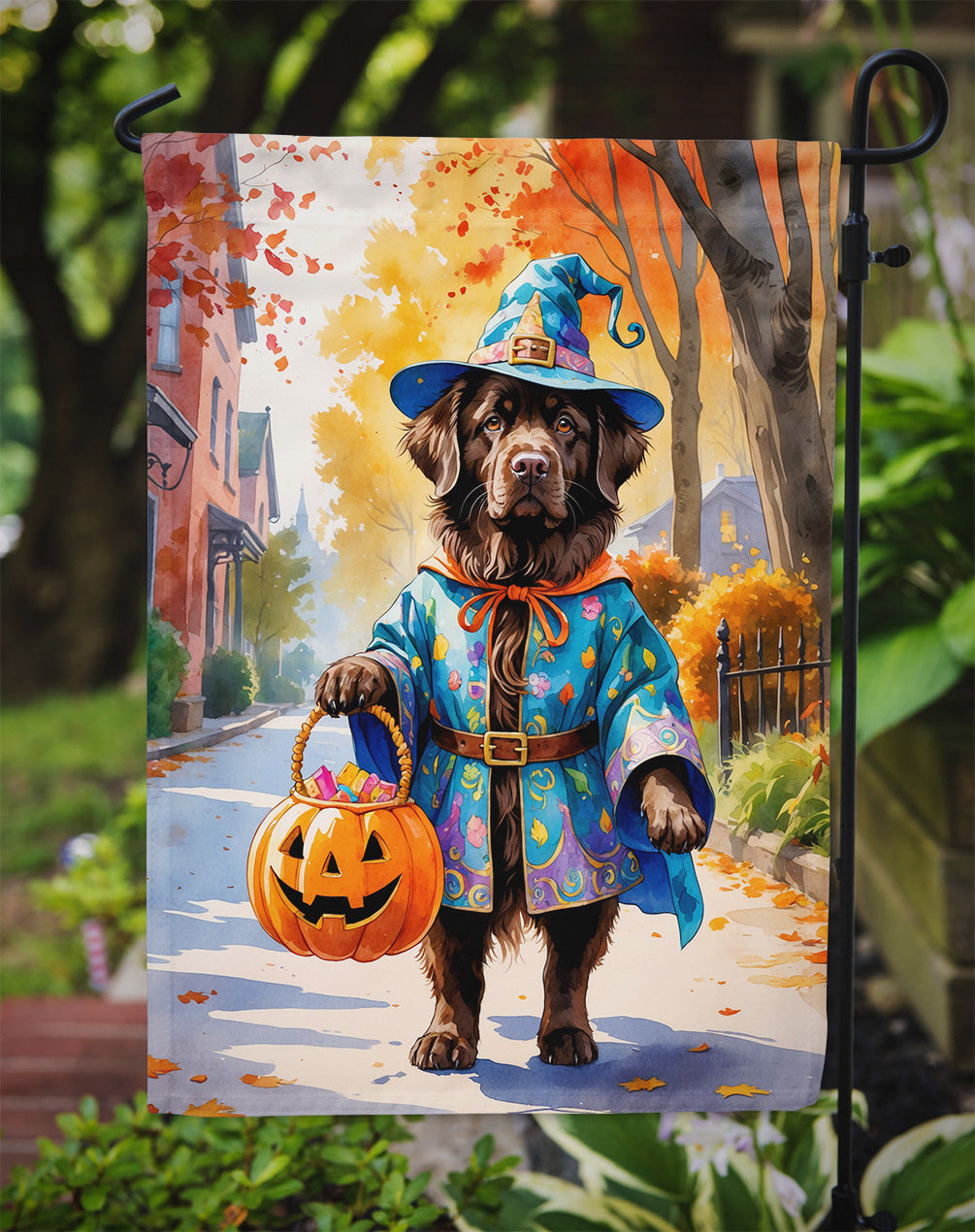 Chocolate Newfoundland Halloween Trick or Treat Garden Flag