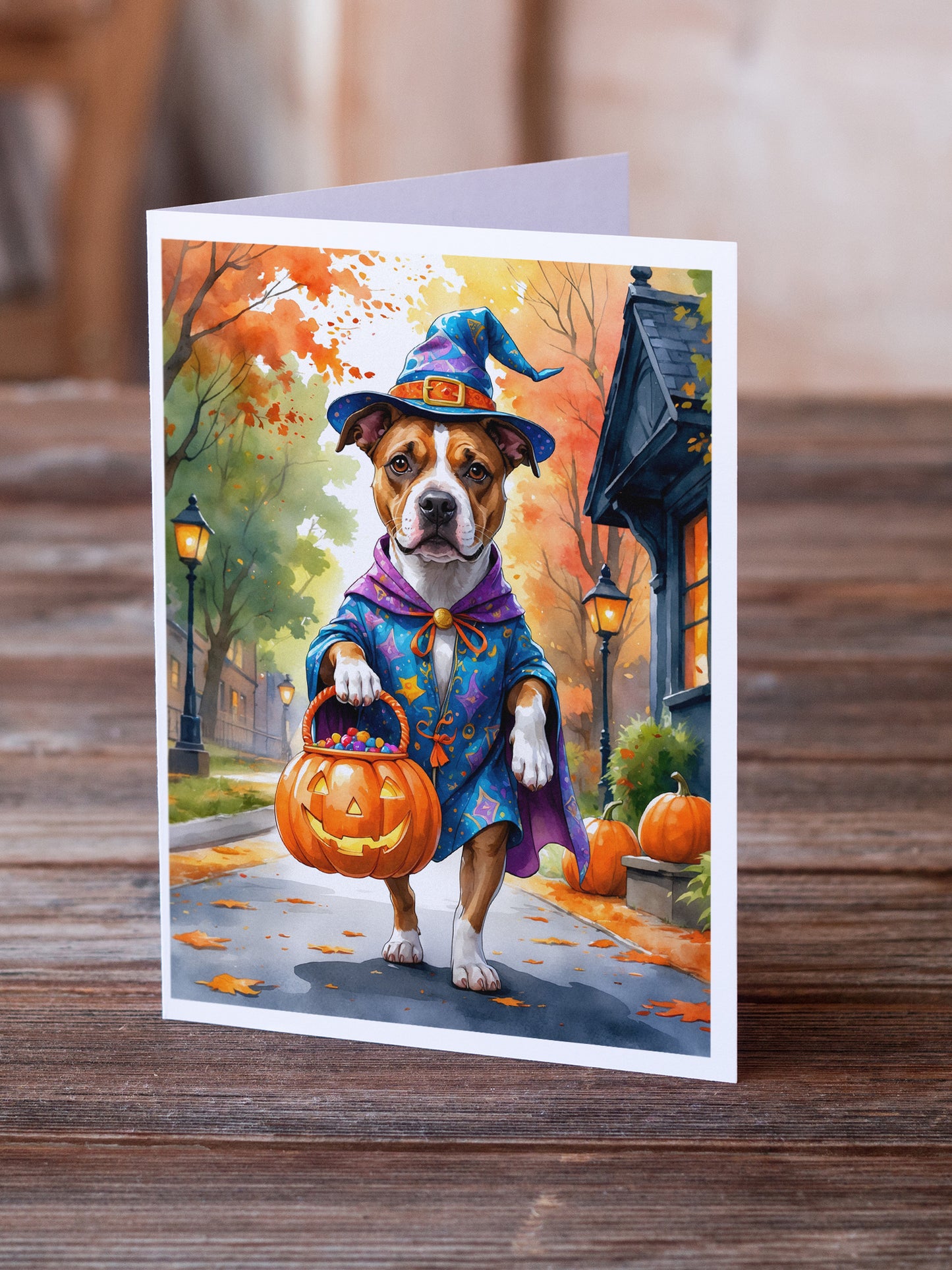 Pit Bull Terrier Halloween Trick or Treat Greeting Cards Pack of 8