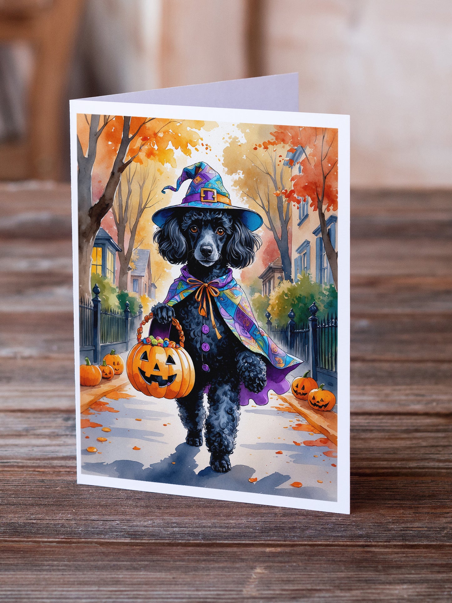 Black Poodle Halloween Trick or Treat Greeting Cards Pack of 8