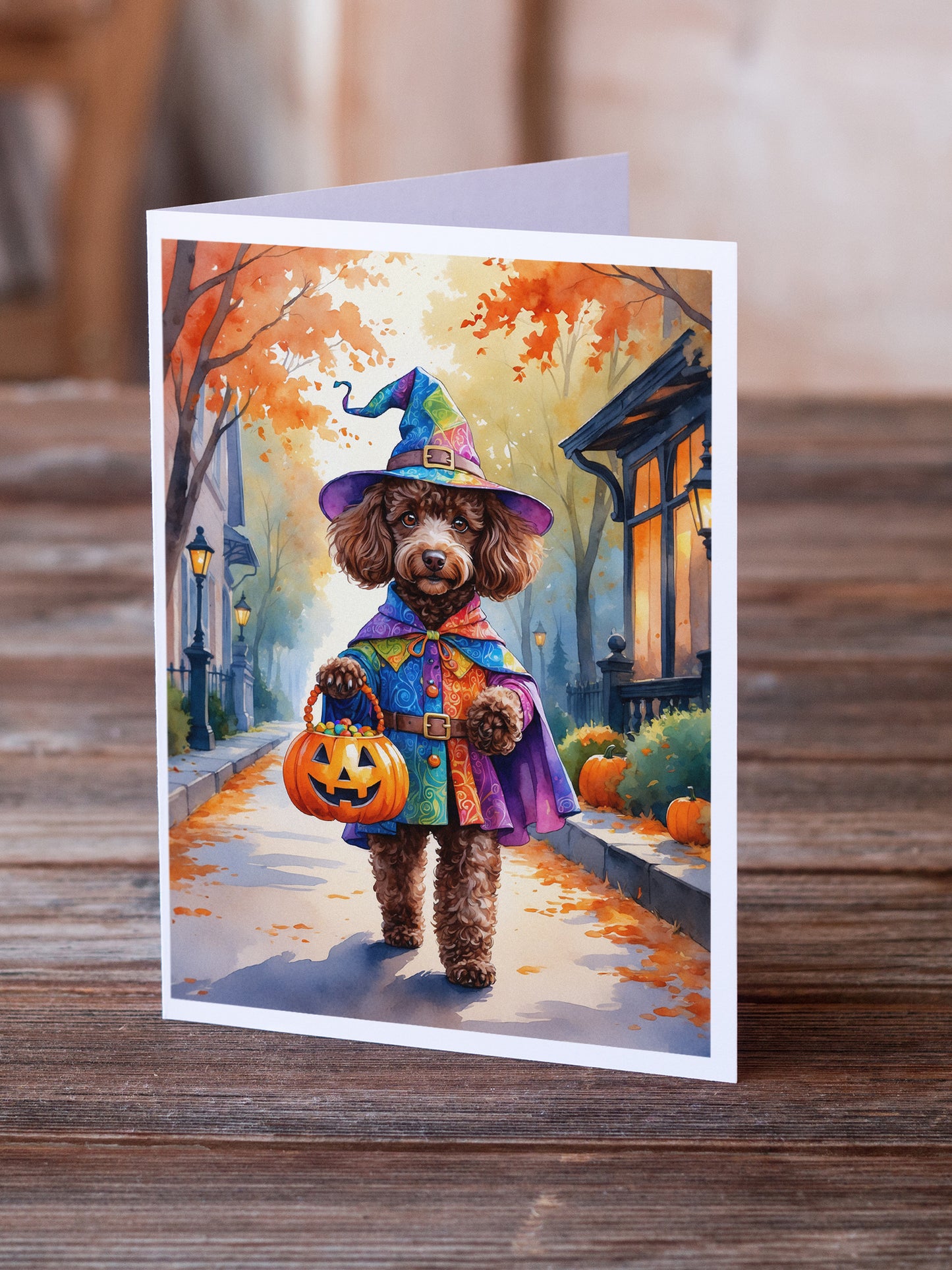 Chocolate Poodle Halloween Trick or Treat Greeting Cards Pack of 8