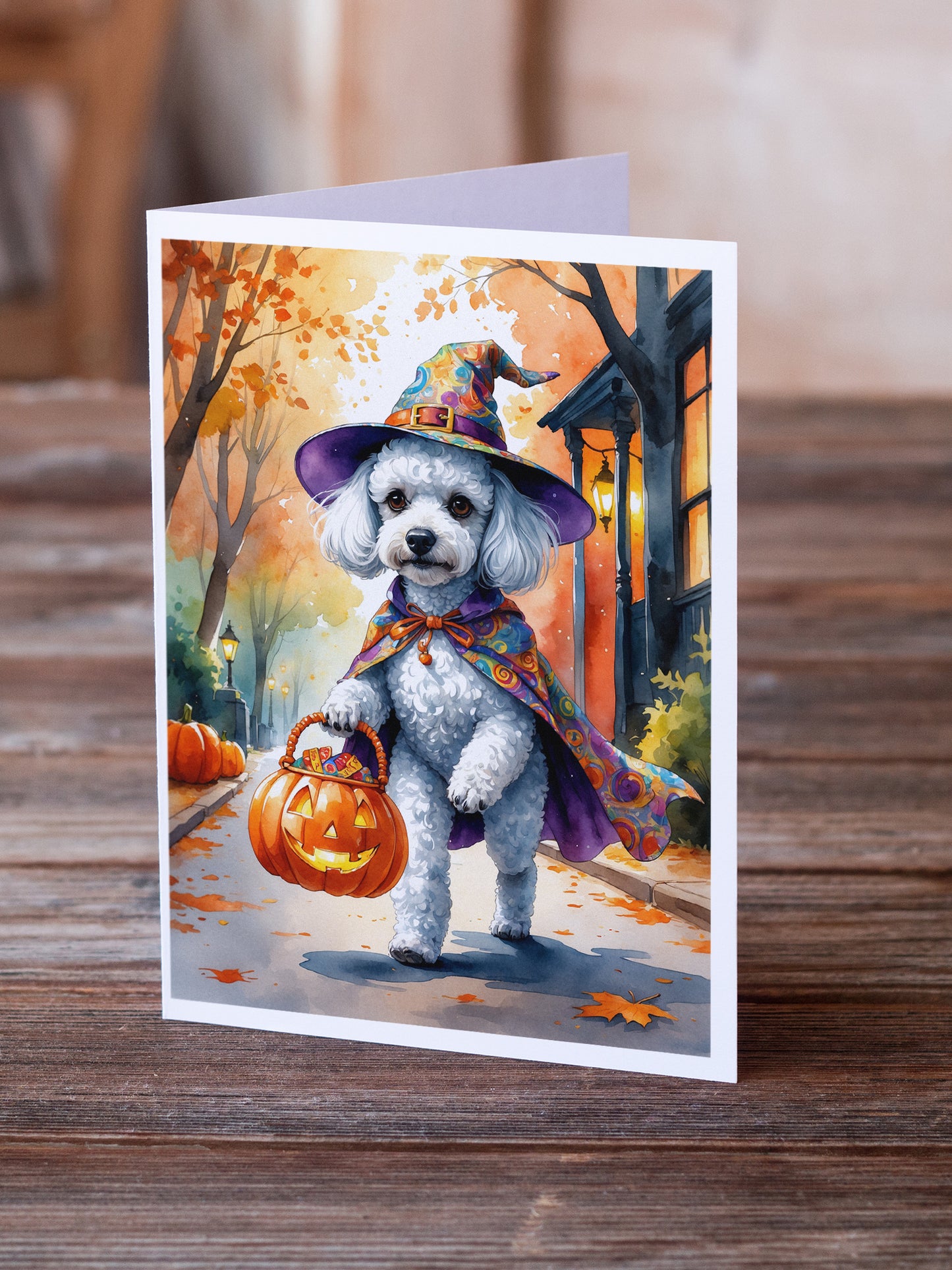 White Poodle Halloween Trick or Treat Greeting Cards Pack of 8
