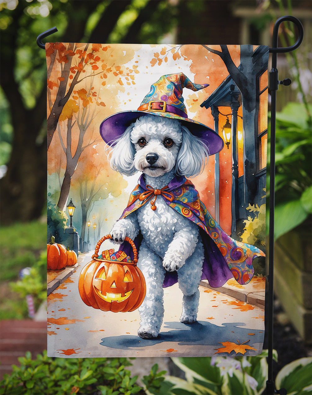 White Poodle Halloween Trick or Treat Garden Flag
