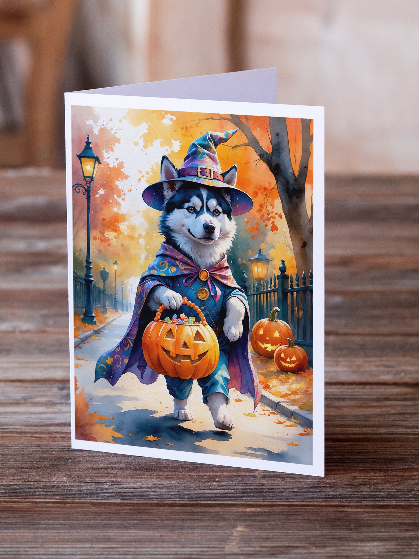 Siberian Husky Halloween Trick or Treat Greeting Cards Pack of 8