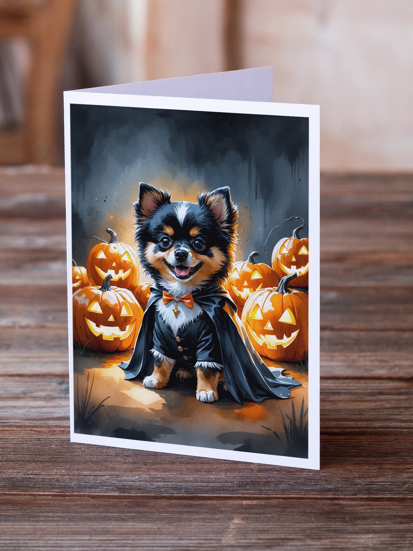 Balck and Tan Pomeranian Puppy Halloween Greeting Cards Pack of 8