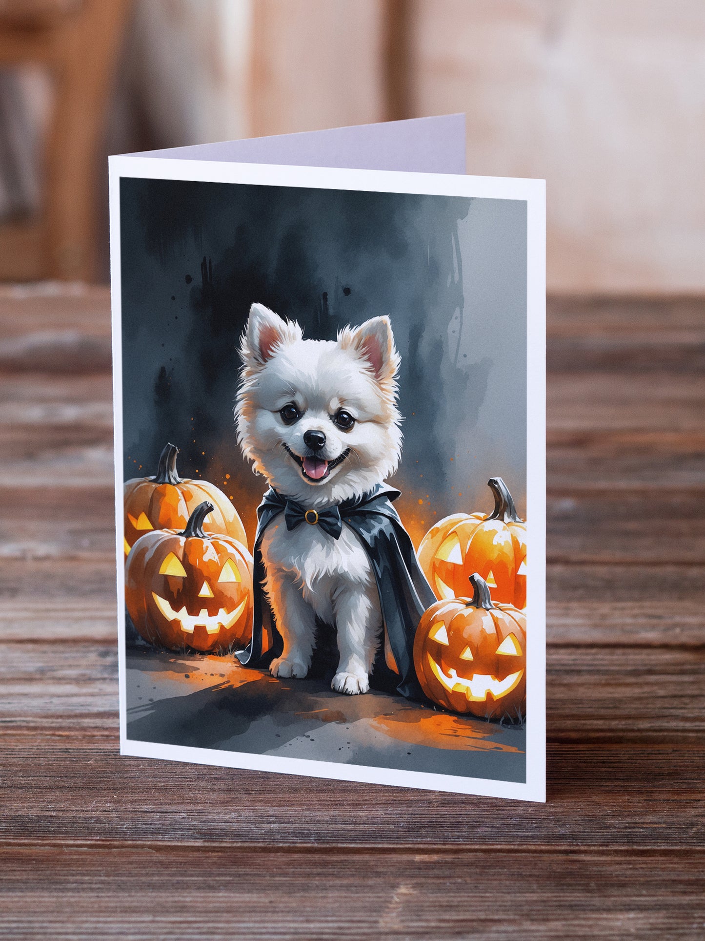 White Pomeranian Puppy Halloween Greeting Cards Pack of 8