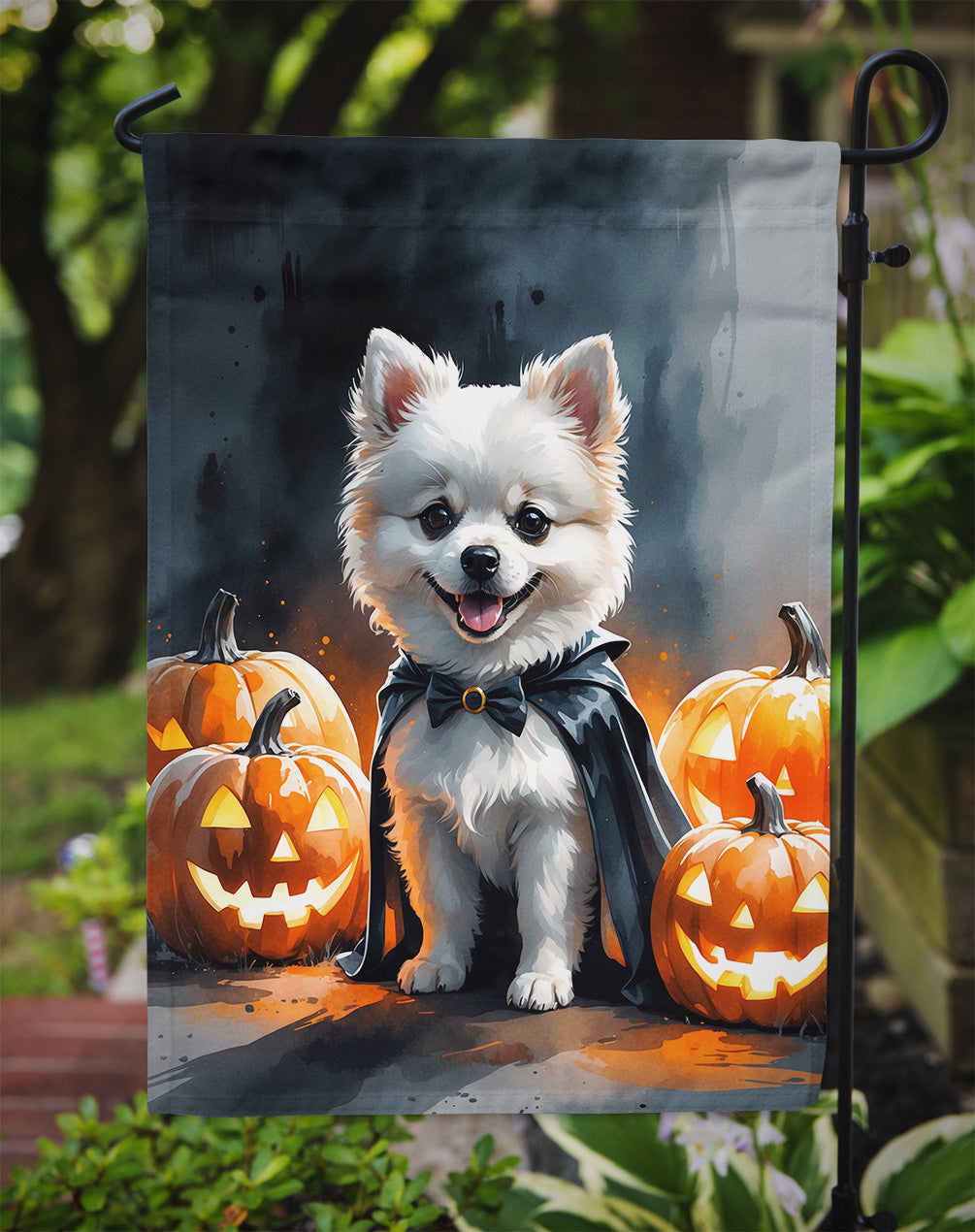 White Pomeranian Puppy Halloween Garden Flag