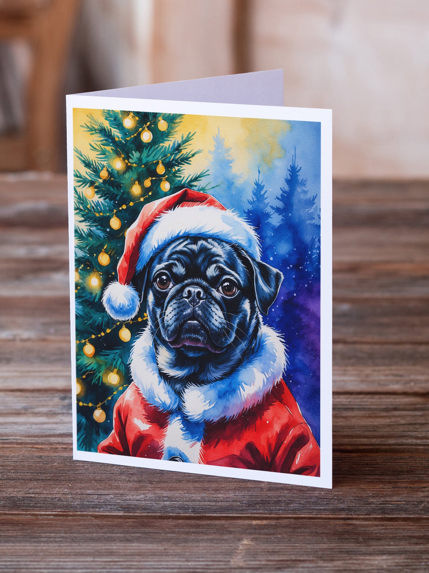 Black Pug Christmas Greeting Cards Pack of 8