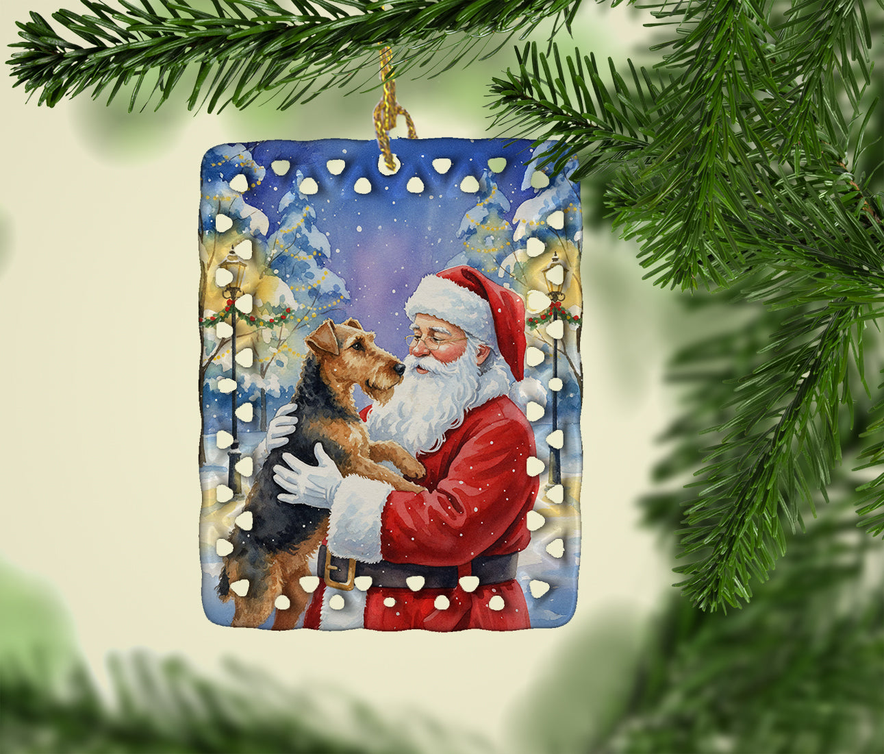 Airedale Terrier with Santa Claus Porcelain Ornament