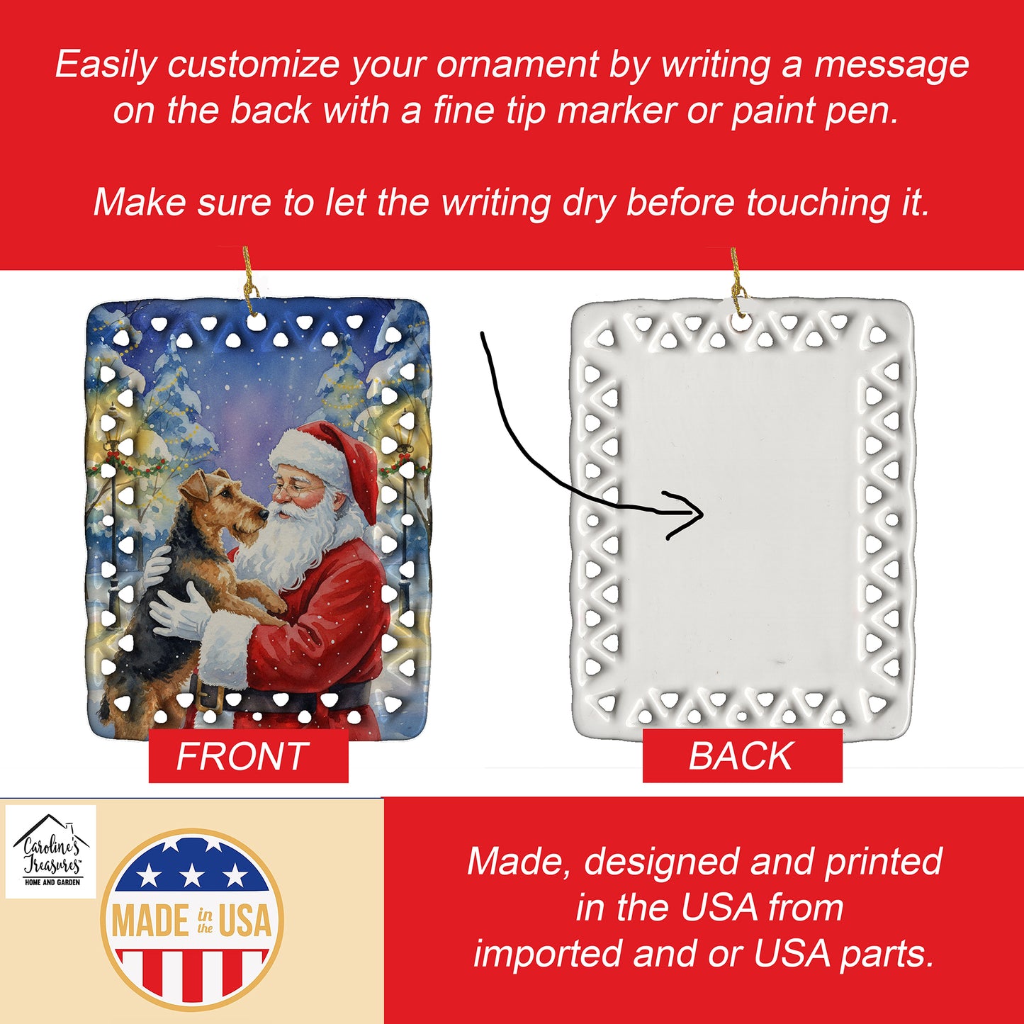 Airedale Terrier with Santa Claus Porcelain Ornament