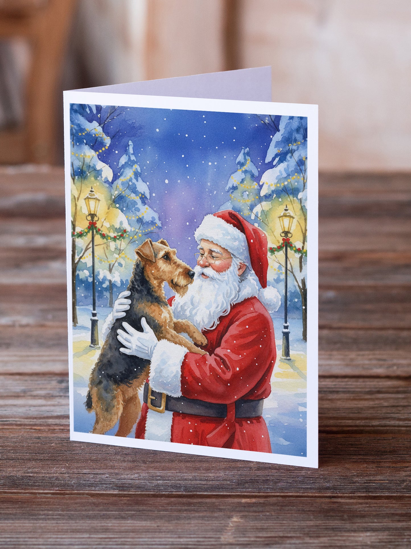 Airedale Terrier with Santa Claus Greeting Cards Pack of 8