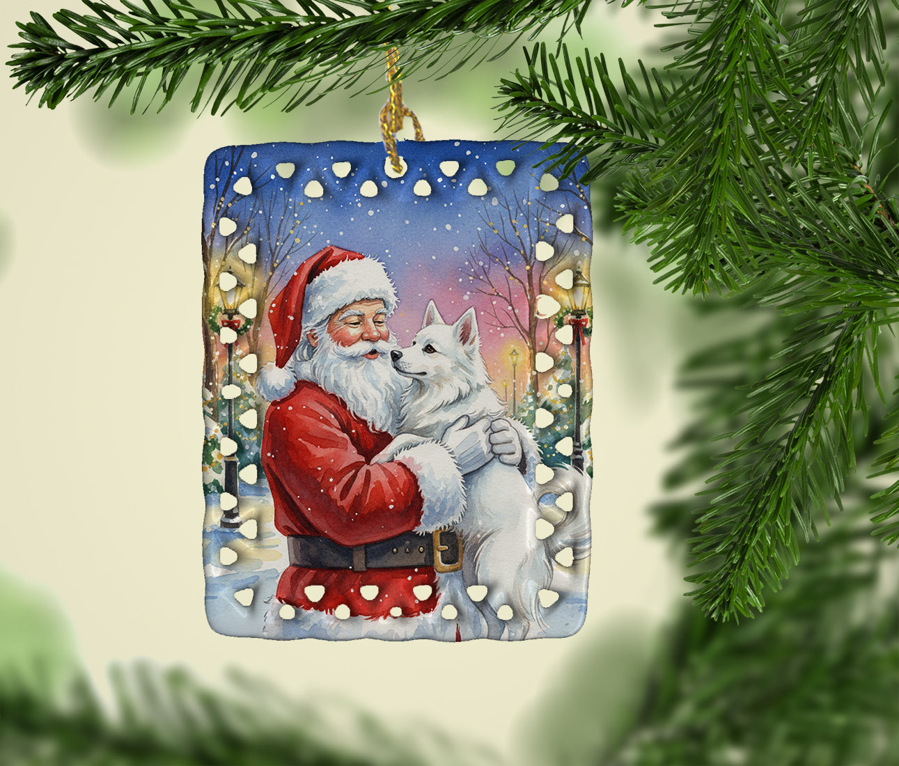 American Eskimo with Santa Claus Porcelain Ornament