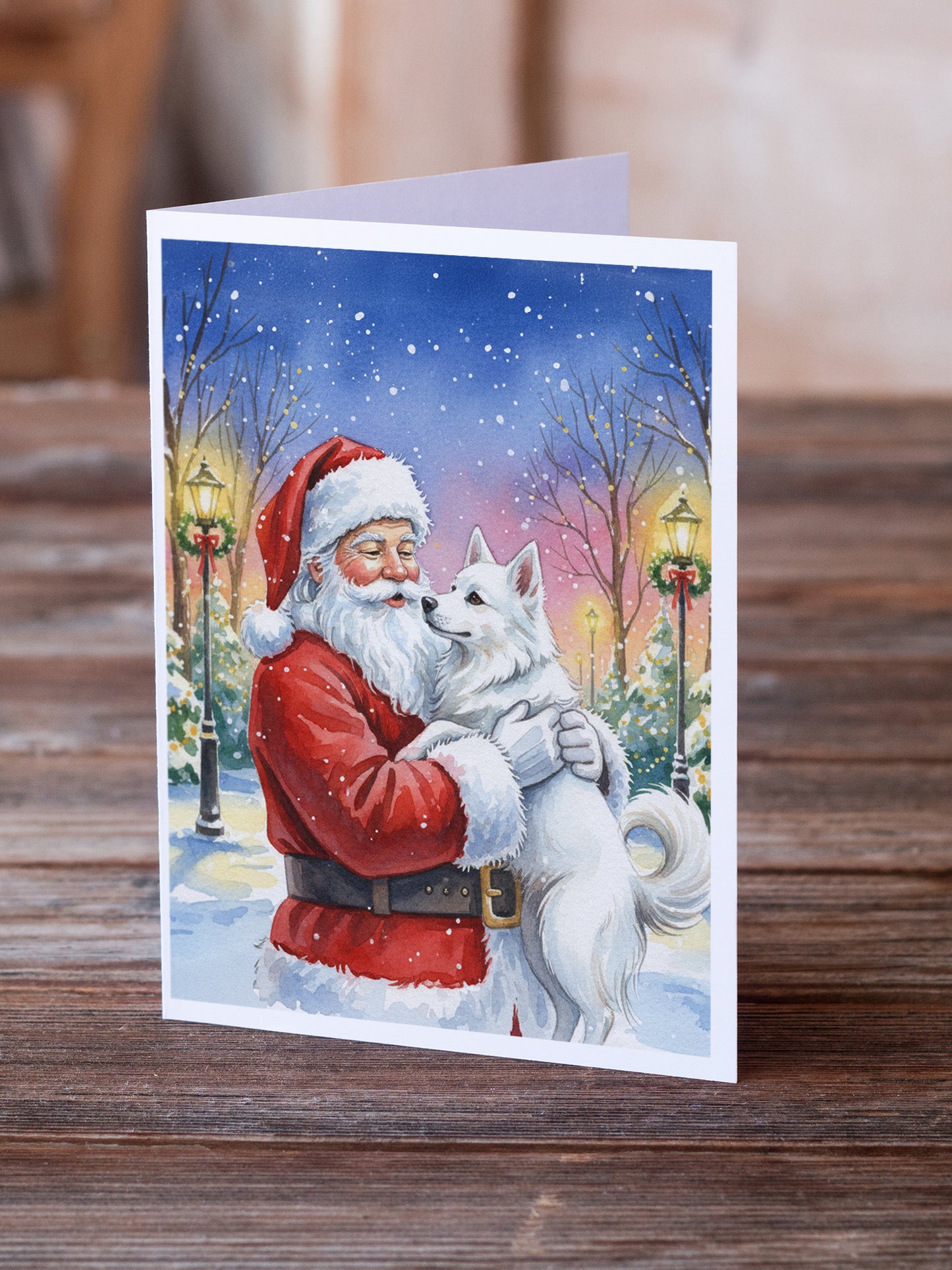 American Eskimo with Santa Claus Greeting Cards Pack of 8